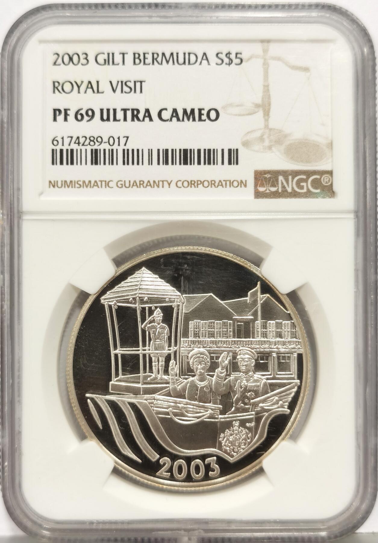 博洋堂世界钱币拍卖第168期（全场包邮） NGC PF69UC 冠军分！百慕大2003年英国伊丽莎白二世携皇室访问百慕大镀金精制银币，币面镜面，访问团磨砂高浮雕，女王像镀金，稀少藏品。