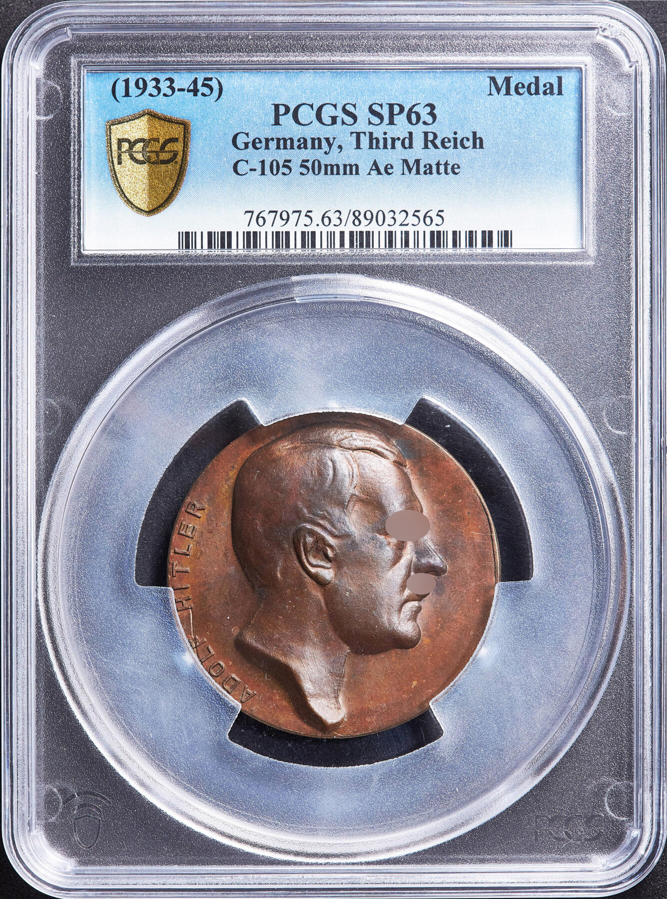 【俄甄集藏】满园春色-2026年(051)04-22星期三 晚 19:30 全场包邮 德国第三帝国1933-1945年纪念总理单面铜质样章，PCGS SP63，高浮雕，巧克力包浆，稀少品种，唯一亚军分，直径：50mm，原图联系客服或官网查询