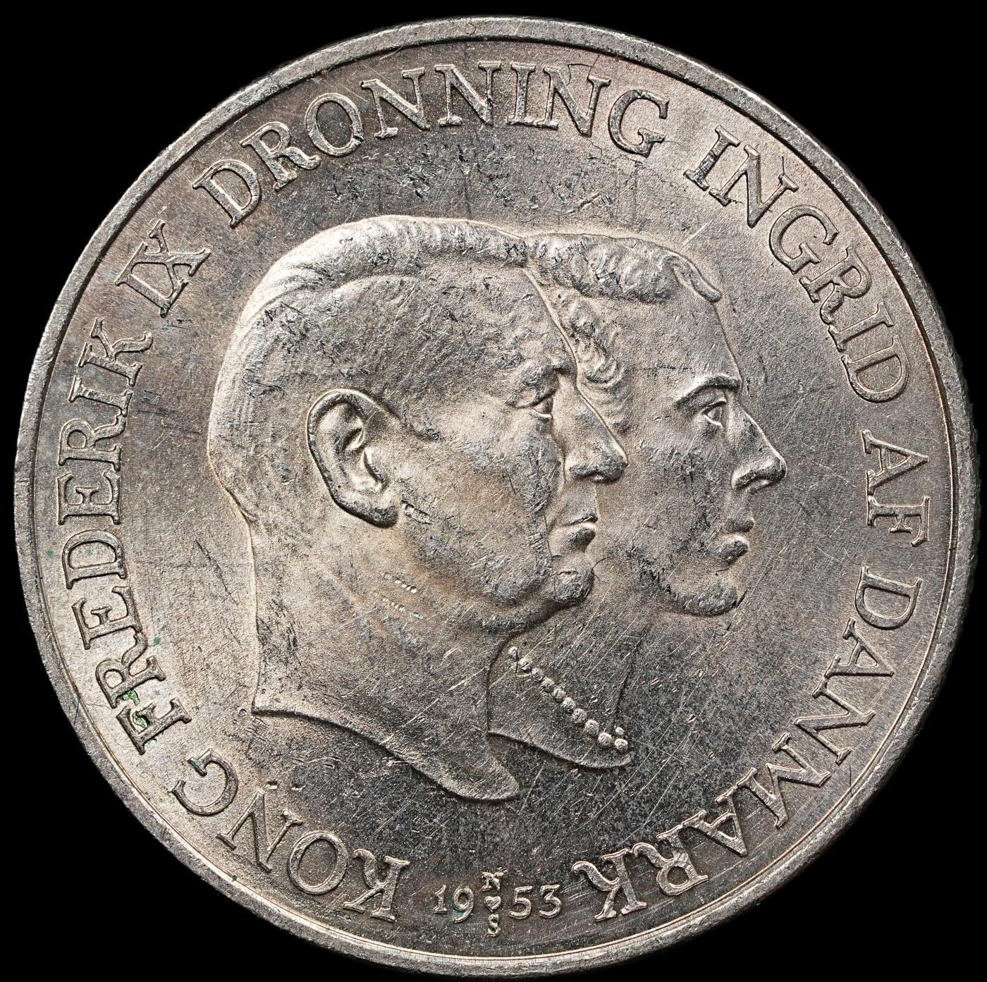 修遠堂世界钱币第111期 1953年丹麦格林兰结核防治纪念2克朗银币 15g，含银80%