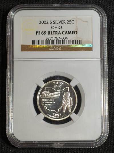 刘世昌艺术品销售中心～虎踞龙蟠*金杨在线联拍群第521期 美国2002年“50州纪念币～俄亥俄州”25美分纪念银币（NGC PF69UC 串号：3771767-004）1枚。