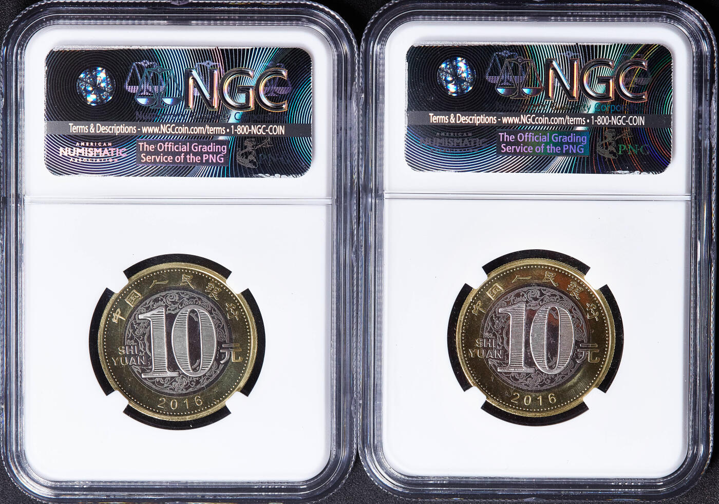 【俄甄集藏】满园春色-2026年(051)04-22星期三 晚 19:30 全场包邮 中国2016年猴年10元双色纪念币“年年有余”特殊评级标签4枚一组，NGC MS68PL，类精制底板