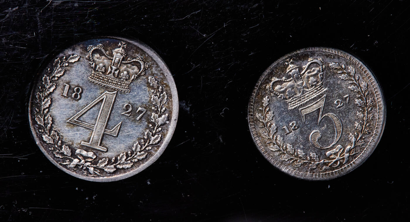 【俄甄集藏】满园春色-2026年(051)04-22星期三 晚 19:30 全场包邮 英国1827年乔治四世濯足节1、2、3、4便士银币4枚一套，类精制底板，五彩包浆，状态难得