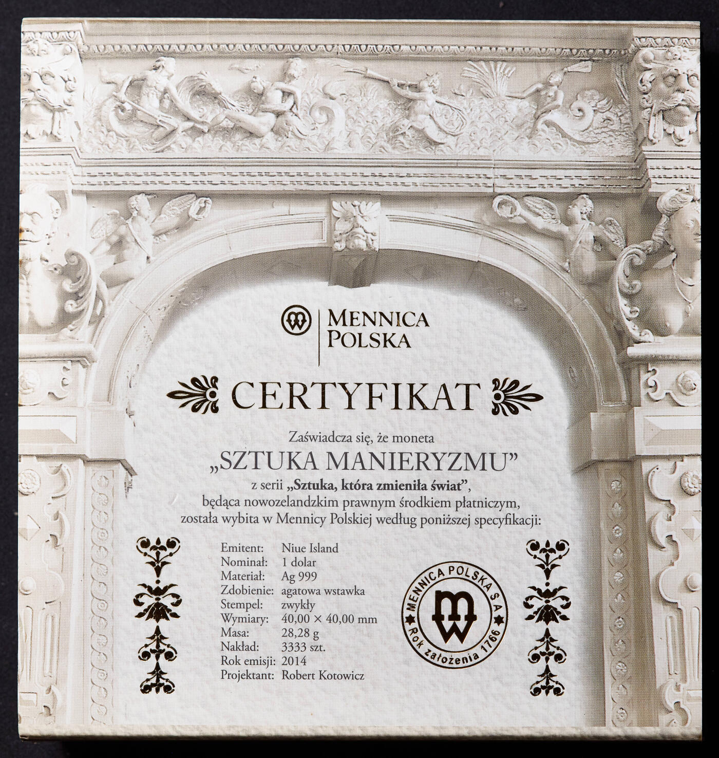 【俄甄集藏】满园春色-2026年(051)04-22星期三 晚 19:30 全场包邮 纽埃2014年改变世界的艺术系列-矫饰主义仿古1元镶嵌玛瑙方形精制大银币，原盒证，重28.28克，999银，发行量3333枚，波兰造币厂代铸，热门品种