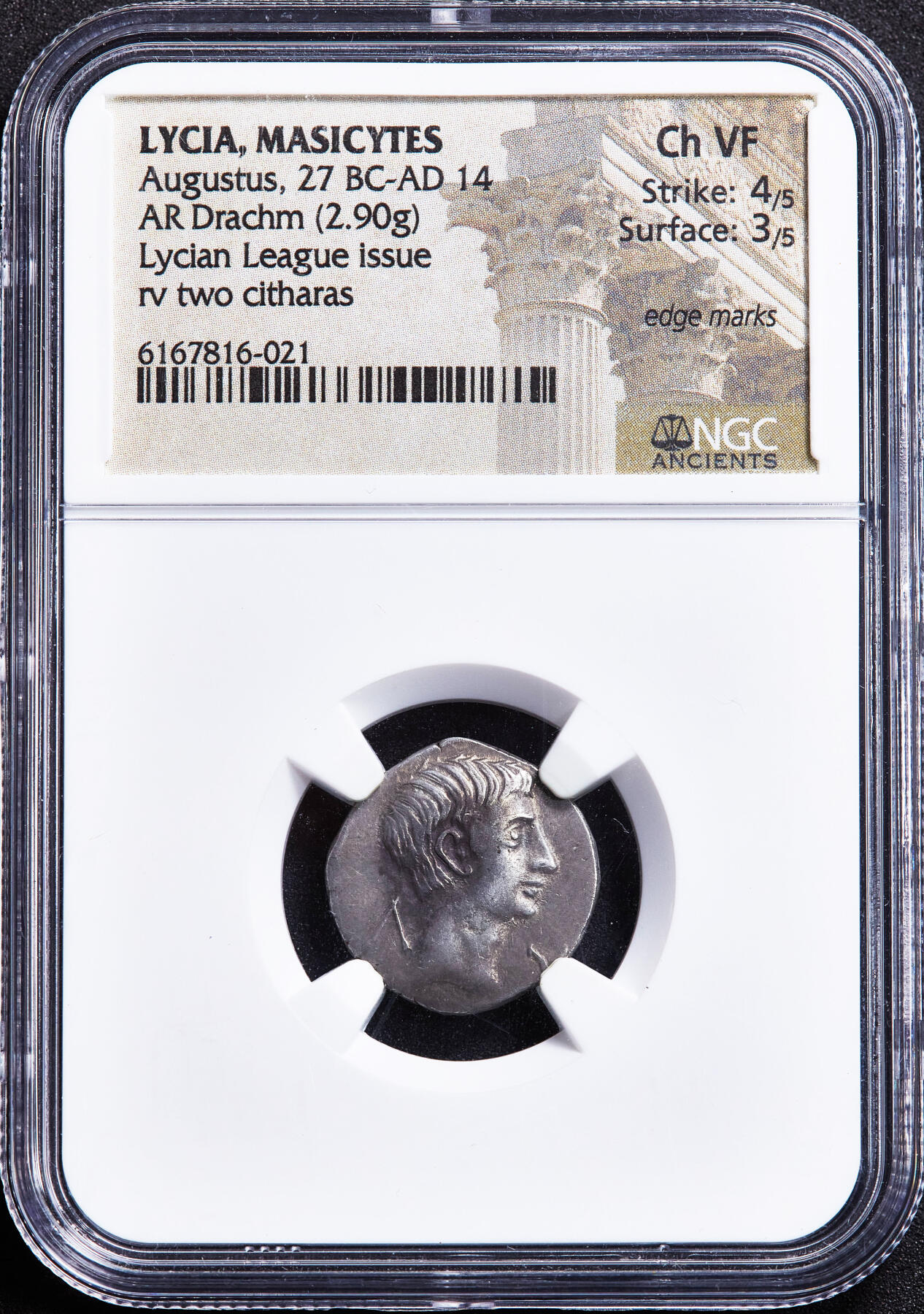 【俄甄集藏】满园春色-2026年(051)04-22星期三 晚 19:30 全场包邮 古罗马帝国公元前27-公元14年吕基亚联盟1德拉克马银币，NGC ChVF(Str 4/5, Sur 3/5)，马希凯塔斯发行，正面奥古斯都无冠冕面右像，背面双里拉琴，稀有品种
