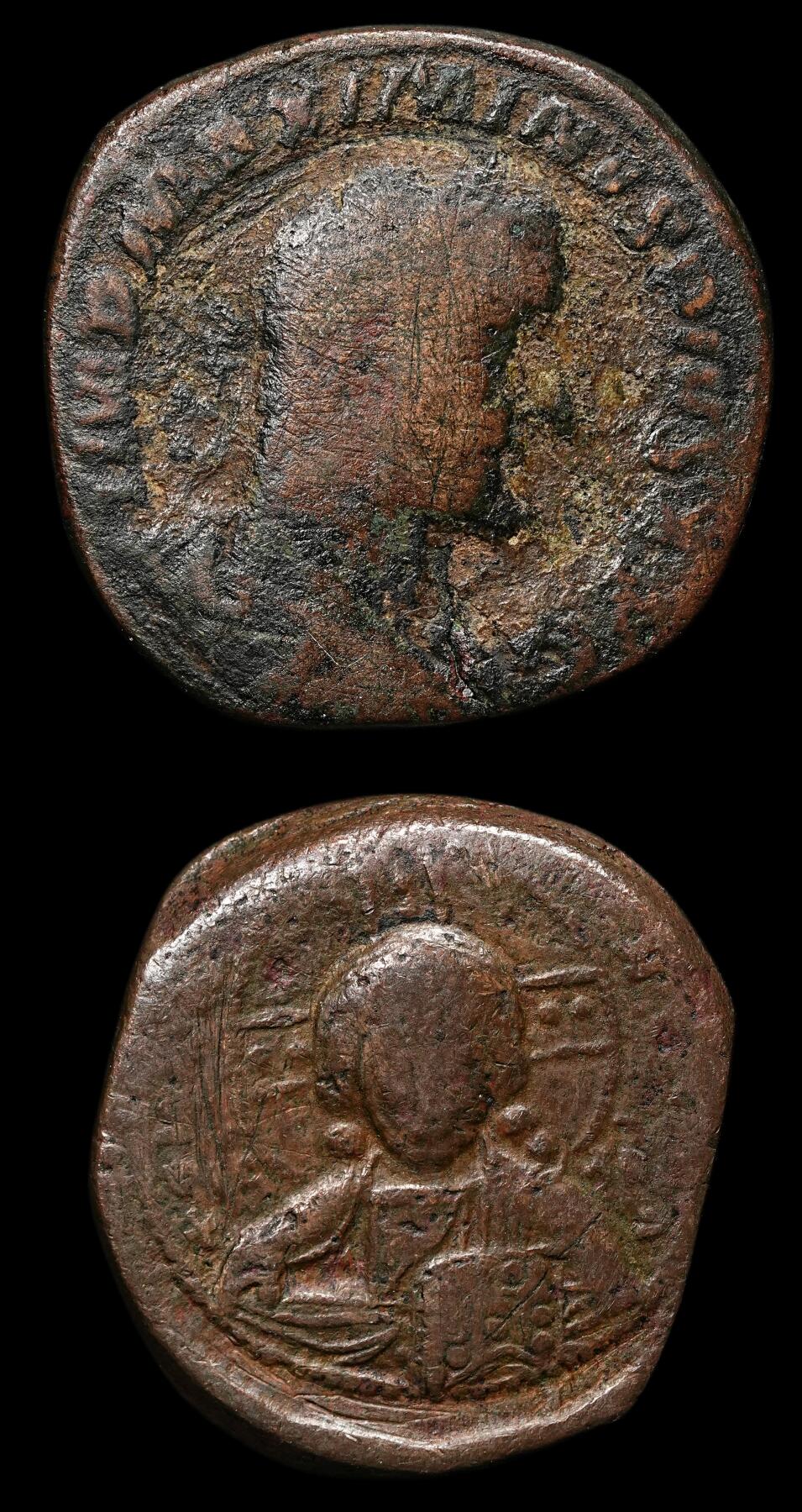 修遠堂世界钱币第111期 西罗马-东罗马帝国铜币2枚，总重29.95g