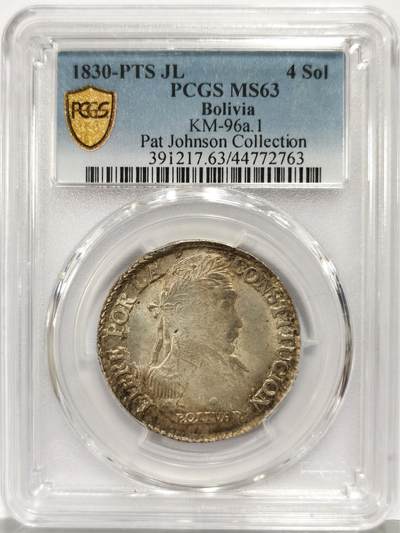 博洋堂“生趣盎然”4月精品专场暨第169期（全场包邮） PCGS MS63 玻利维亚1830年4S银币，名家旧藏，半圆少见高分，PC亚军分数，今年2月HA刚成交一枚P盒62分3000+，去年64分成交840美金