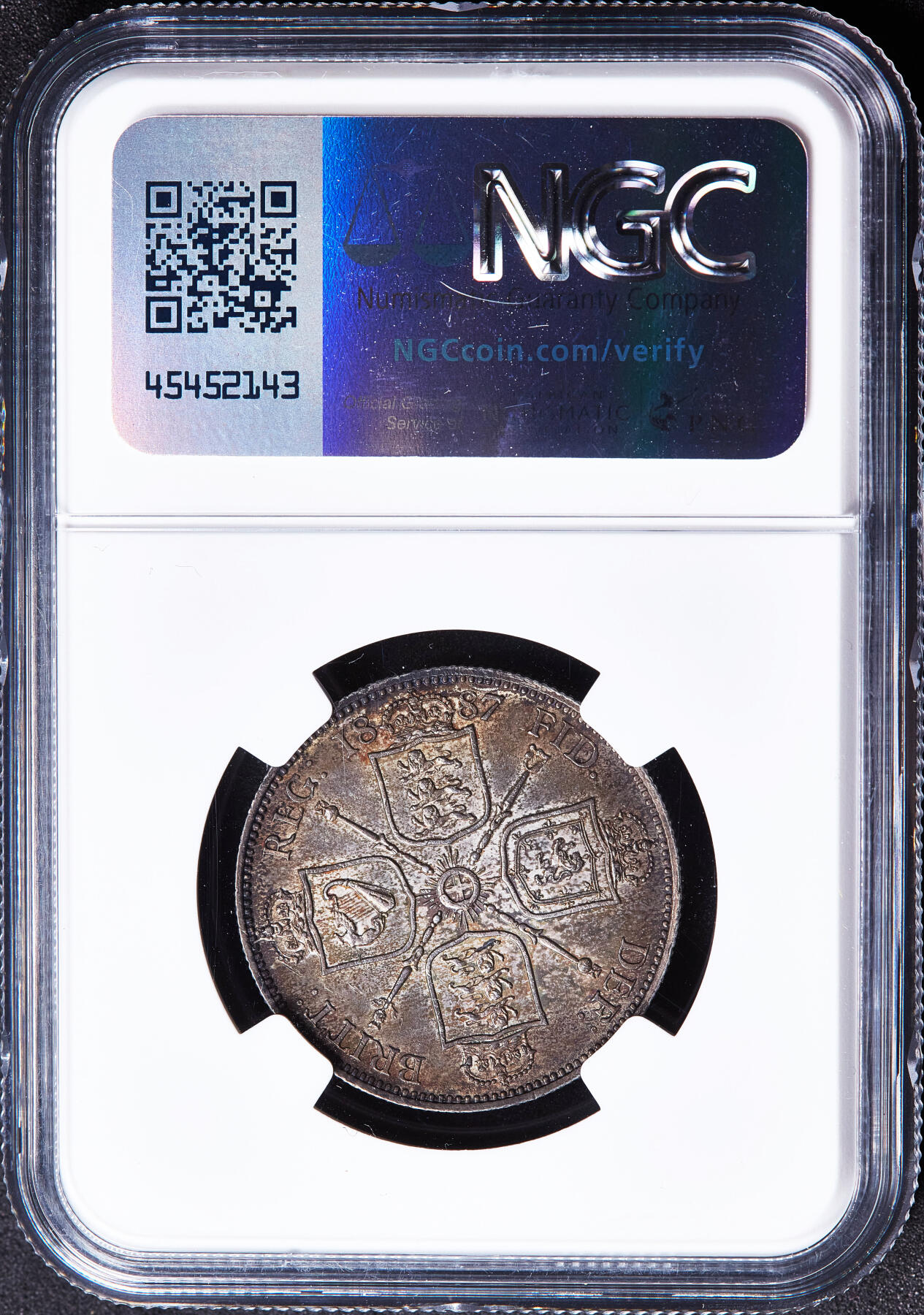 【俄甄集藏】满园春色-2026年(051)04-22星期三 晚 19:30 全场包邮 英国1887年维多利亚高冠1福林银币，NGC AU55，五彩酱彩老包浆，原光品相