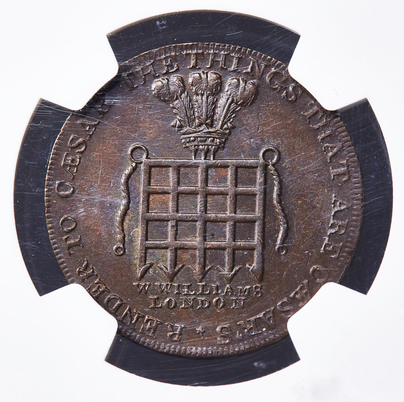 【俄甄集藏】满园春色-2026年(051)04-22星期三 晚 19:30 全场包邮 英国1795年米德尔塞克思郡伦敦商人威廉姆斯1/2便士城市与波特库里斯吊闸纹章商业代用铜币，NGC MS63，巧克力包浆，底光犹存，经典品种，币完好，划痕是外盒上