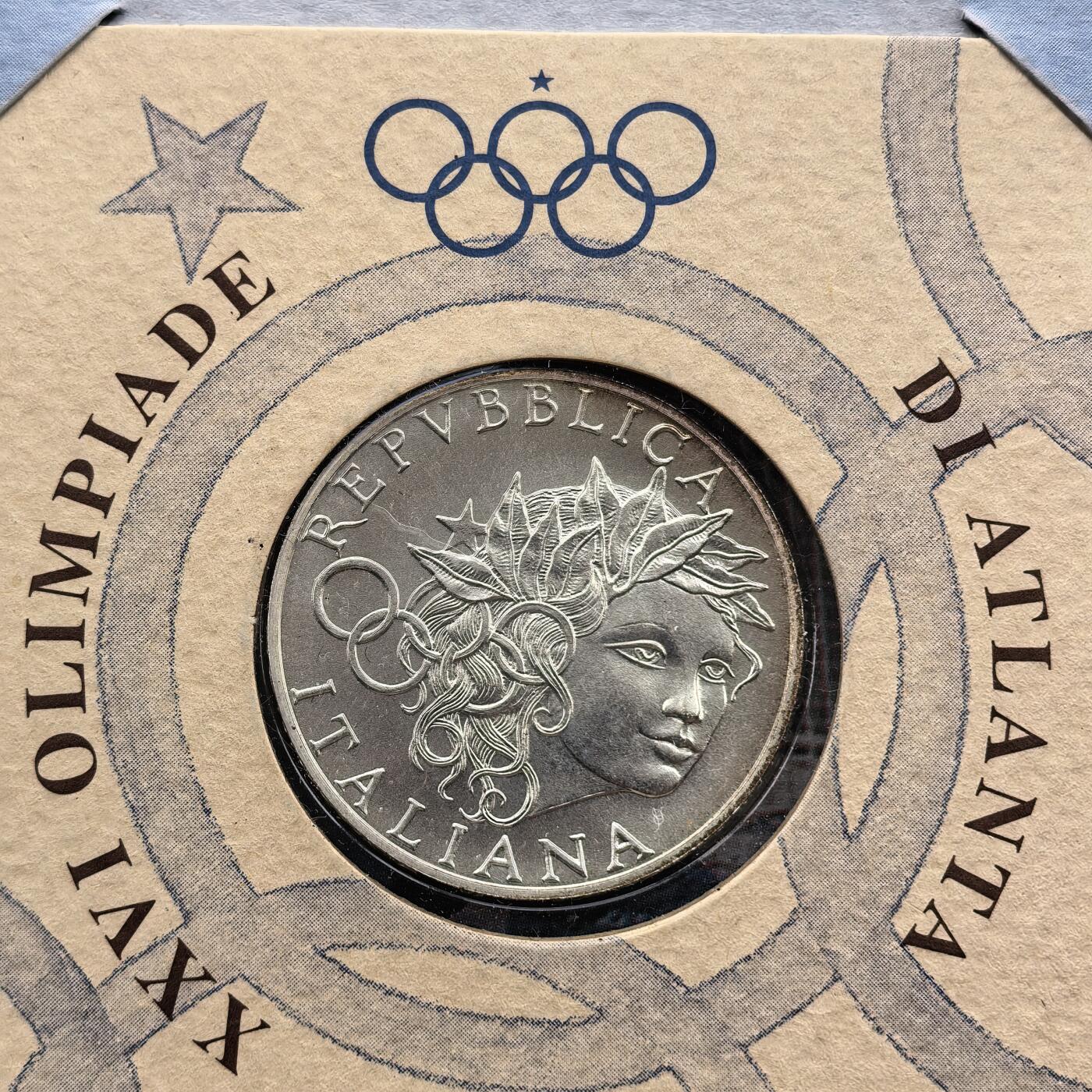 道一币馆币章第一百七十四场 原包装 意大利1996年亚特兰大奥运会1000里拉纪念银币