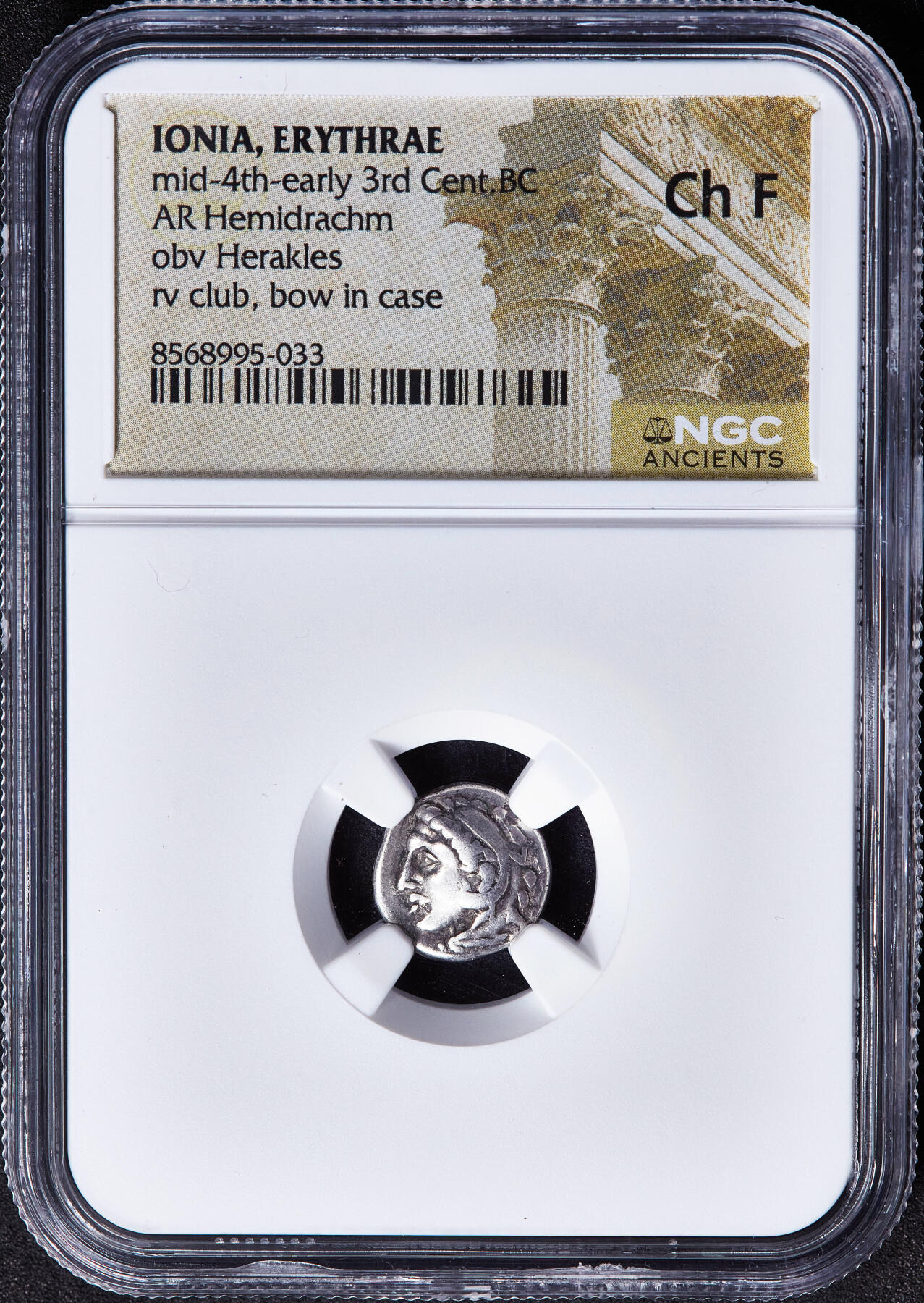 【俄甄集藏】满园春色-2026年(051)04-22星期三 晚 19:30 全场包邮 古希腊爱奥尼亚埃里特莱城公元前330-300年大力神半德拉克马银币，NGC ChF，正面大力神赫拉克勒斯头像向左，头戴狮皮头饰；背面铭文