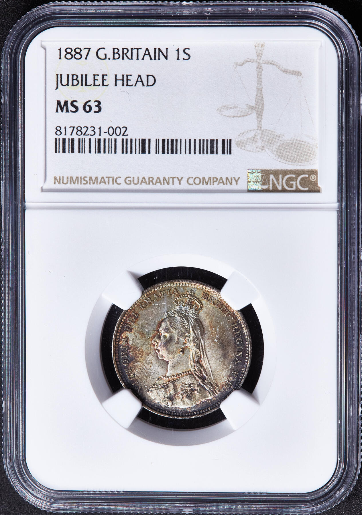 【俄甄集藏】满园春色-2026年(051)04-22星期三 晚 19:30 全场包邮 英国1887年维多利亚高冠1先令银币，NGC MS63，五彩包浆，转光品相