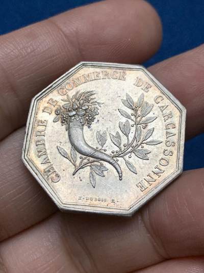 《竞宝斋》第479场 周日，周一 2场连拍 （全场包邮）20级店铺 欢迎送拍 - 法国卡尔卡松商会八角银质代币，正面墨丘利背丰饶角月桂都象征商业，丰饶角ARGENT，13.4克，30.8mm