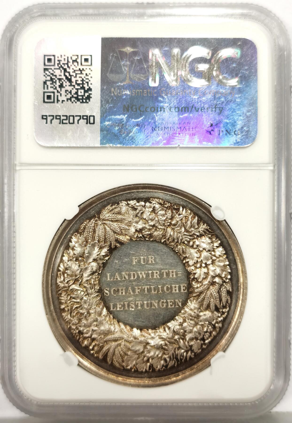 博洋堂世界钱币拍卖第168期（全场包邮） NGC MS62 19世纪德国勃兰登堡农业博览会纪念银章 名家LOOS作品 类镜面底板 浮雕图案精美 细节细致入微