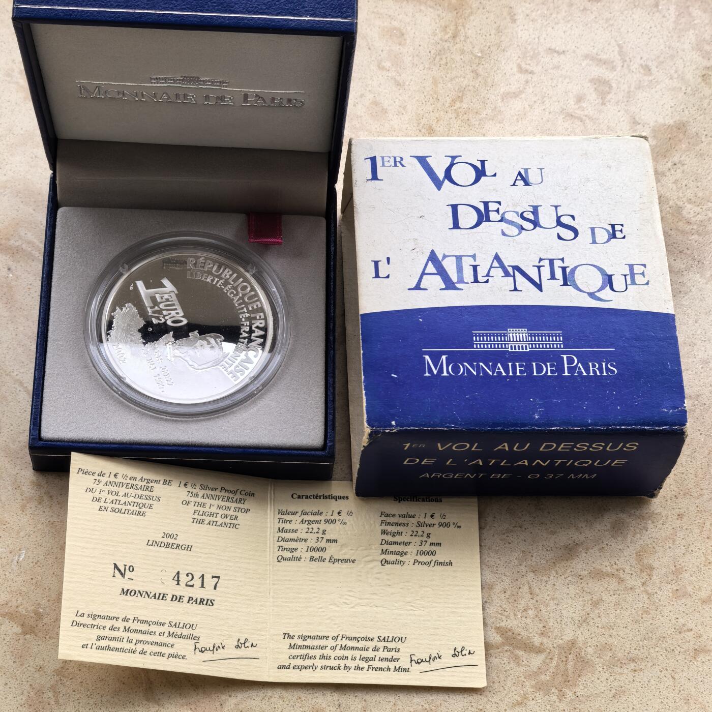 道一币馆币章第一百七十四场 原盒证 法国2002年林德伯格首次独自驾驶圣路易斯精神号飞越大西洋75周年1.5欧元精制银币