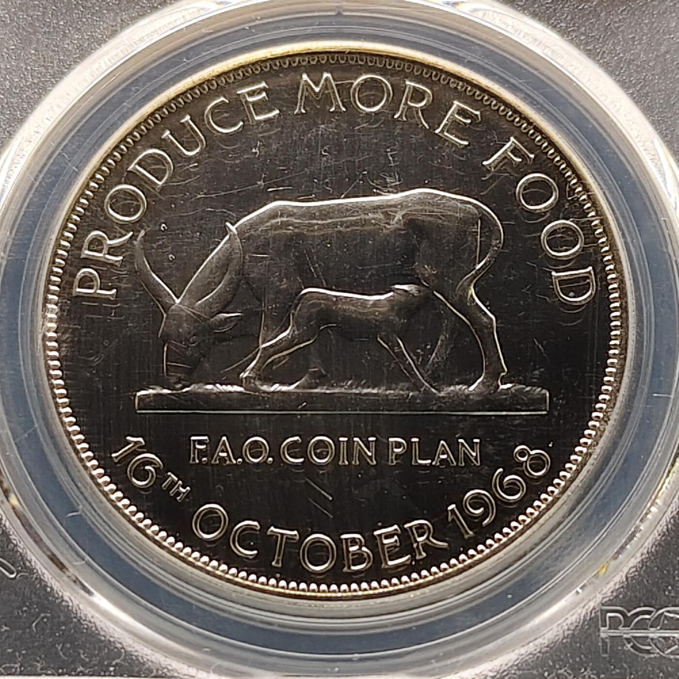 【全场包邮】纯粹捡漏拍521场 【收藏级·亚军分·少见】乌干达1968年5先令FAO生产更多食物克朗型纪念币-量5000-PCGS PR64（更高分仅1枚）