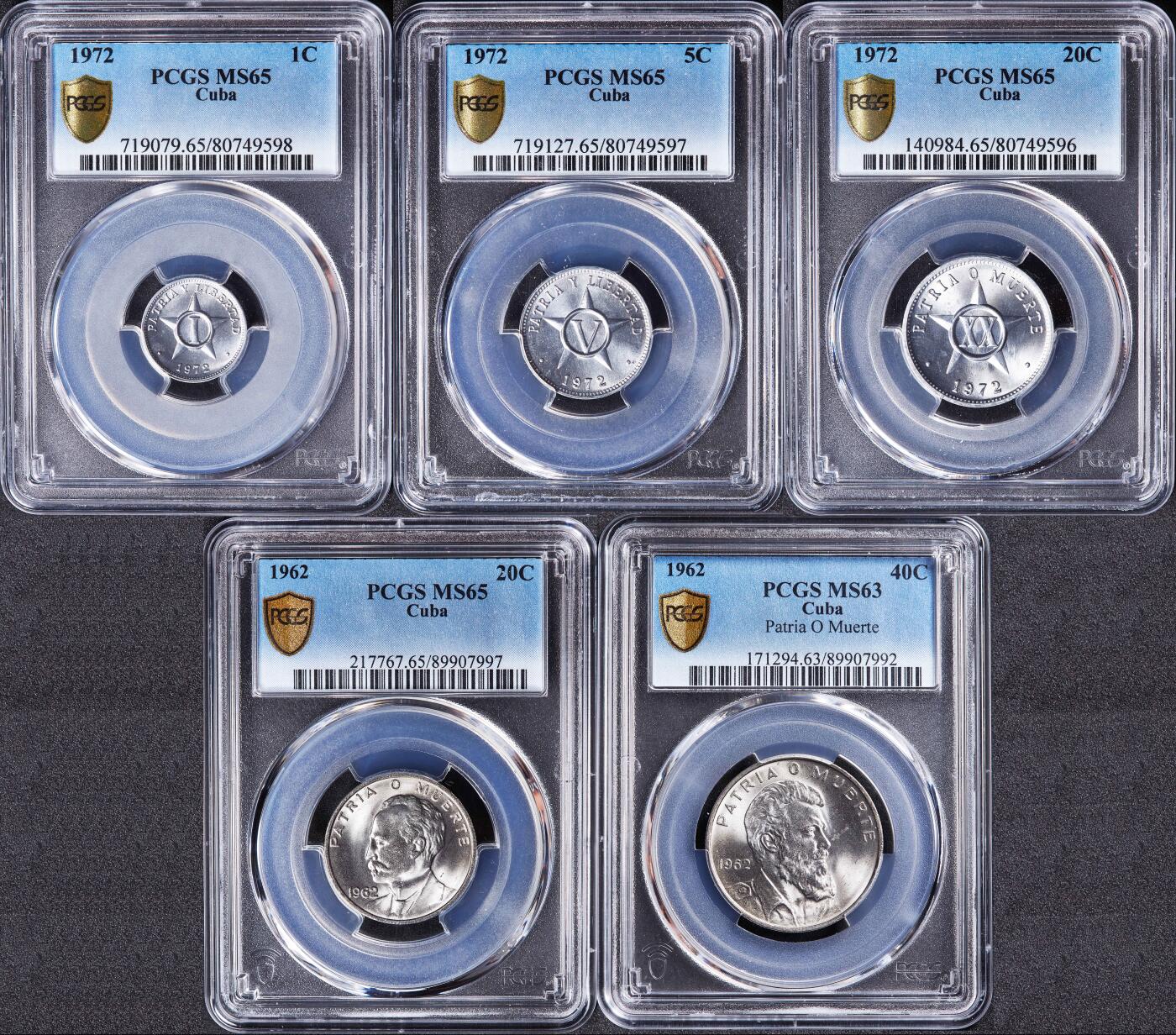 【俄甄集藏】满园春色-2026年(051)04-22星期三 晚 19:30 全场包邮 古巴1962-1972年1分-40分硬币5枚一组，PCGS MS63-MS65，转光品相，少见品种