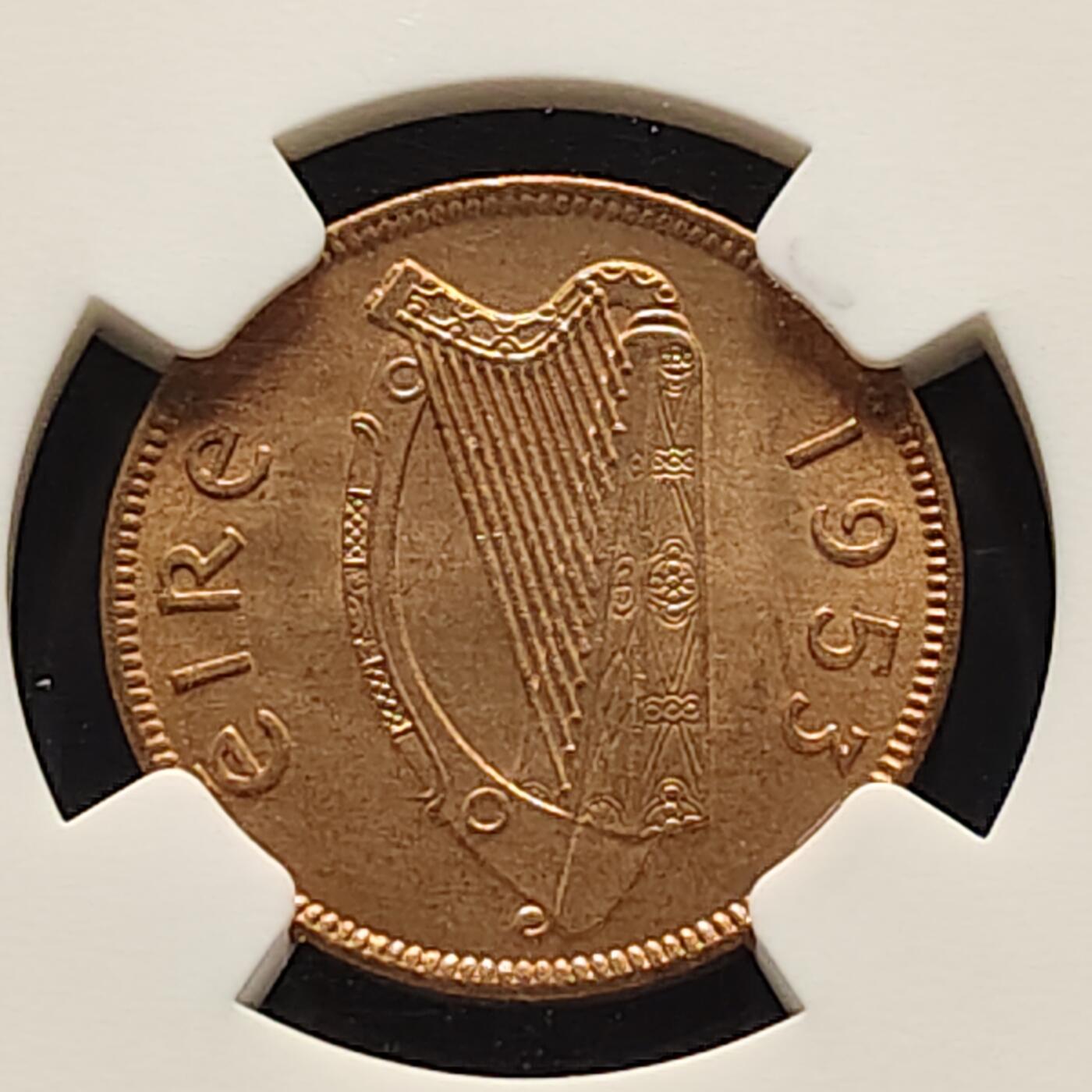 【全场包邮】纯粹捡漏拍521场 【收藏级·亚军分】爱尔兰1953年1/4便士铜币-NGC MS65 RB（更高分仅1枚）