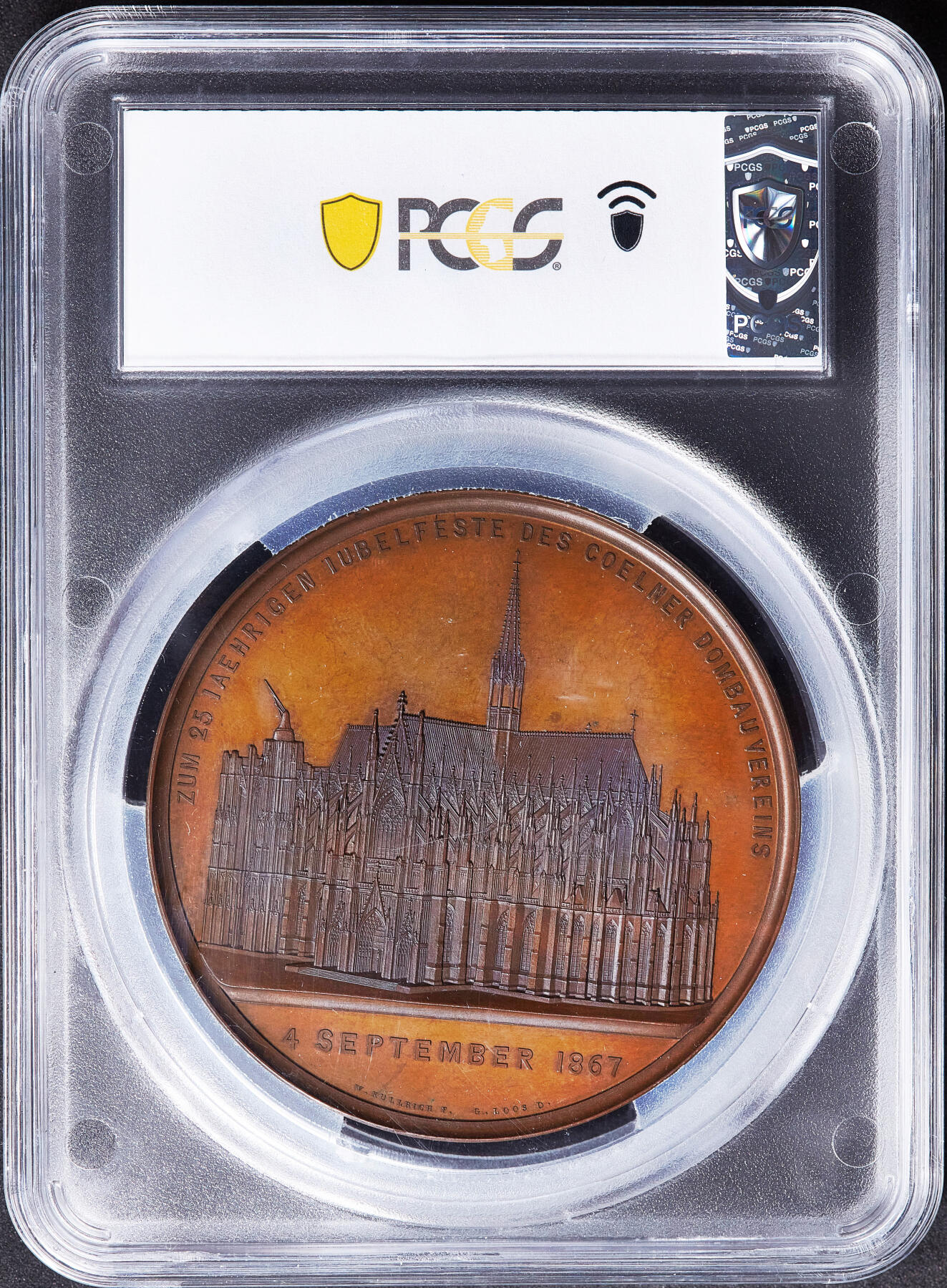 【俄甄集藏】满园春色-2026年(051)04-22星期三 晚 19:30 全场包邮 德国普鲁士1867年腓特烈·威廉四世、威廉一世头像纪念科隆大教堂续建25周年大铜章，PCGS SP65，巧克力包浆，高浮雕，设计精美，著名雕刻师弗里德里希·威廉·库利希作品，直径：70mm，唯一冠军