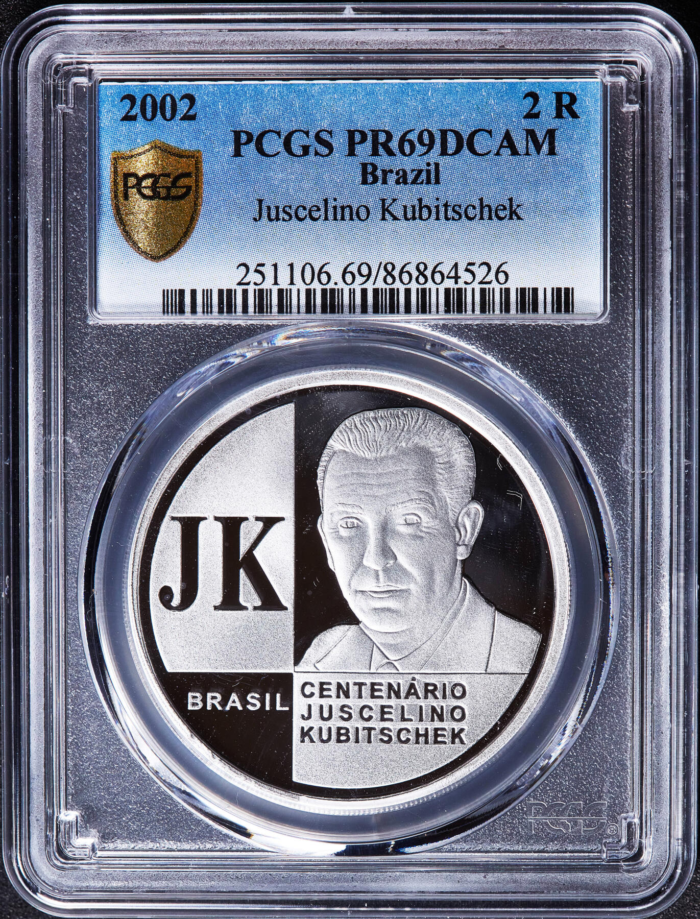 【俄甄集藏】满园春色-2026年(051)04-22星期三 晚 19:30 全场包邮 巴西2002年纪念前总统儒塞利诺·库比契克诞辰100周年2瑞斯精制大银币，PGGS PR69DC，重28克，999银，发行量6999枚，少见品种，冠军分