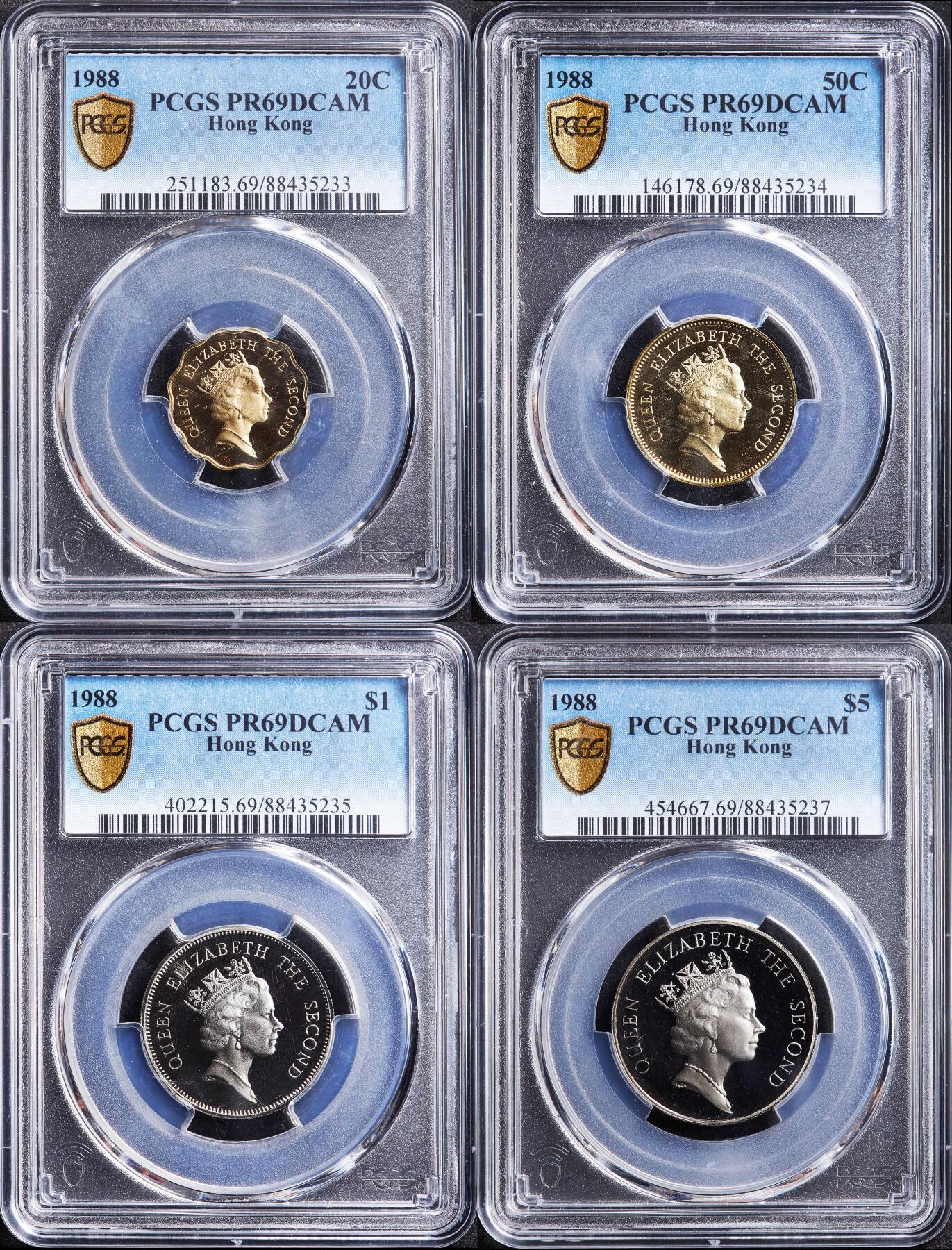 【俄甄集藏】满园春色-2026年(051)04-22星期三 晚 19:30 全场包邮 英属香港1988年伊丽莎白二世高冠版贰毫-伍元精制硬币4枚一组，PCGS PR69DC完好，划痕是外盒上