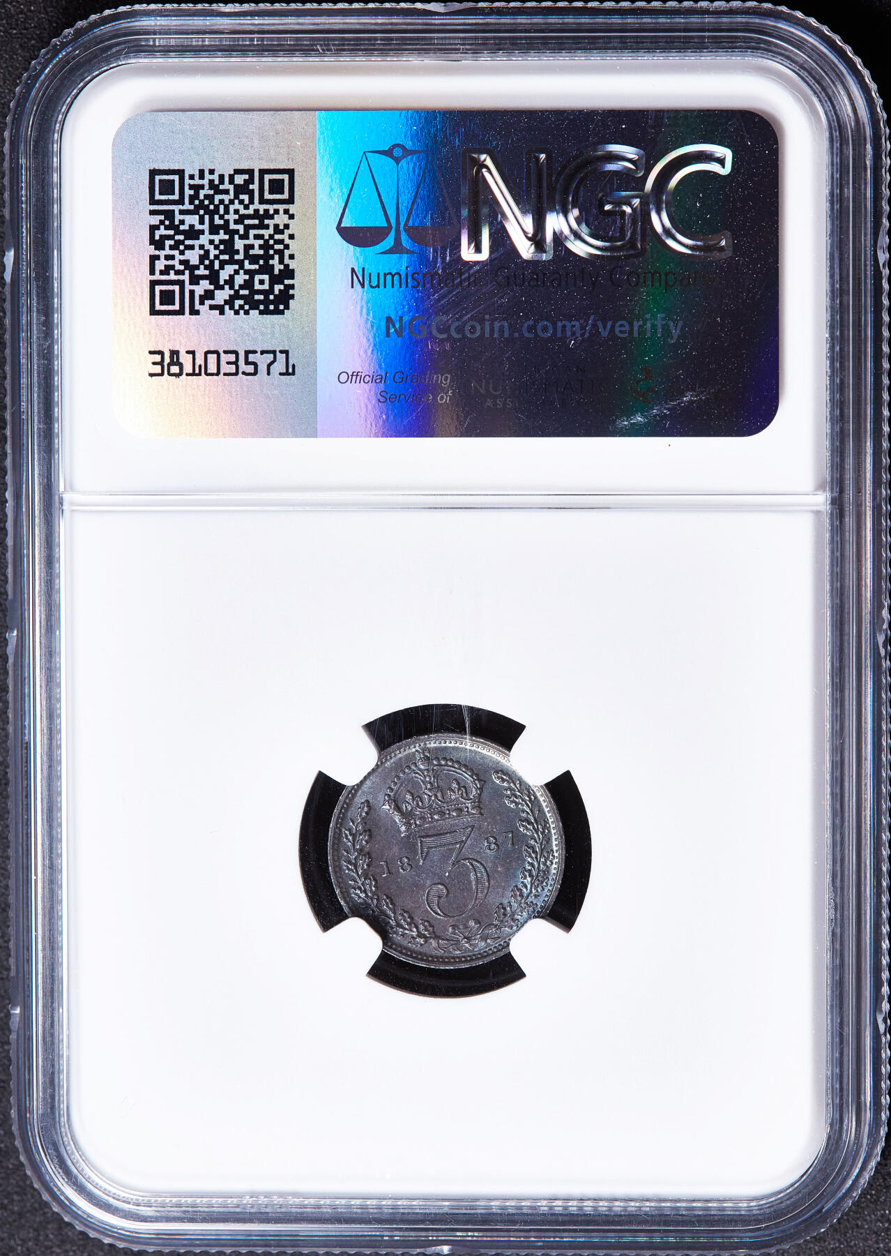 【俄甄集藏】满园春色-2026年(051)04-22星期三 晚 19:30 全场包邮 英国1887年维多利亚高冠3便士银币，NGC MS63，五彩酱彩转光品相