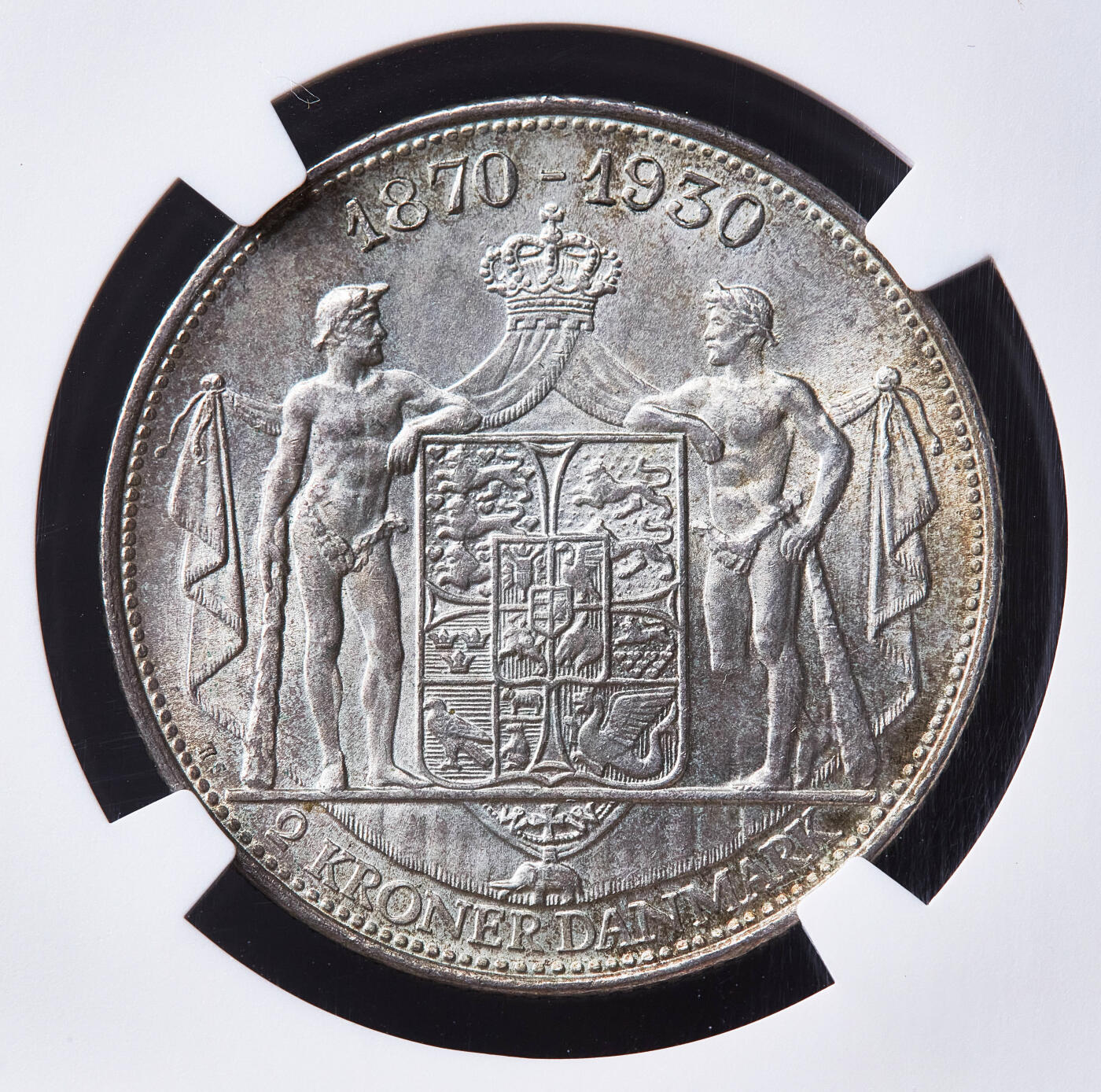 【俄甄集藏】满园春色-2026年(051)04-22星期三 晚 19:30 全场包邮 丹麦1930年克里斯蒂安十世60寿辰2克朗纪念银币，NGC MS64，黄油彩包浆，转光品相