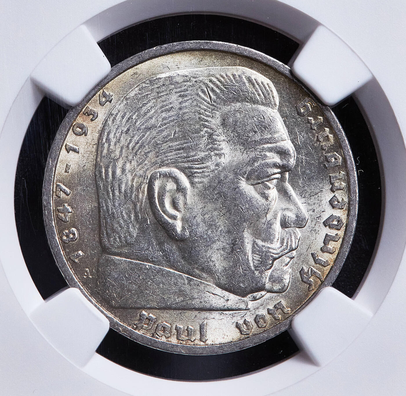 【俄甄集藏】满园春色-2026年(051)04-22星期三 晚 19:30 全场包邮 德国第三帝国1936年A版兴登堡党徽5马克银币，NGC MS62，黄油彩包浆，转光品相，少见年份，原图至官网查询或联系客服