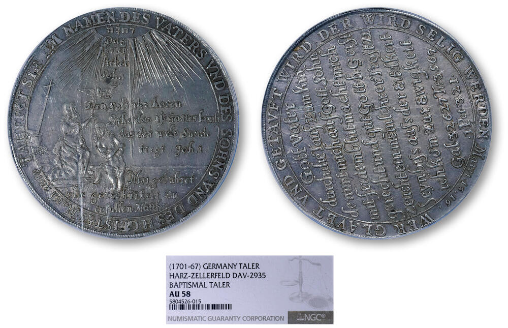 德泉缘2026年三亚春季拍卖会 1701-67年德国洗礼泰勒银币一枚 NGC AU58 5804526-015