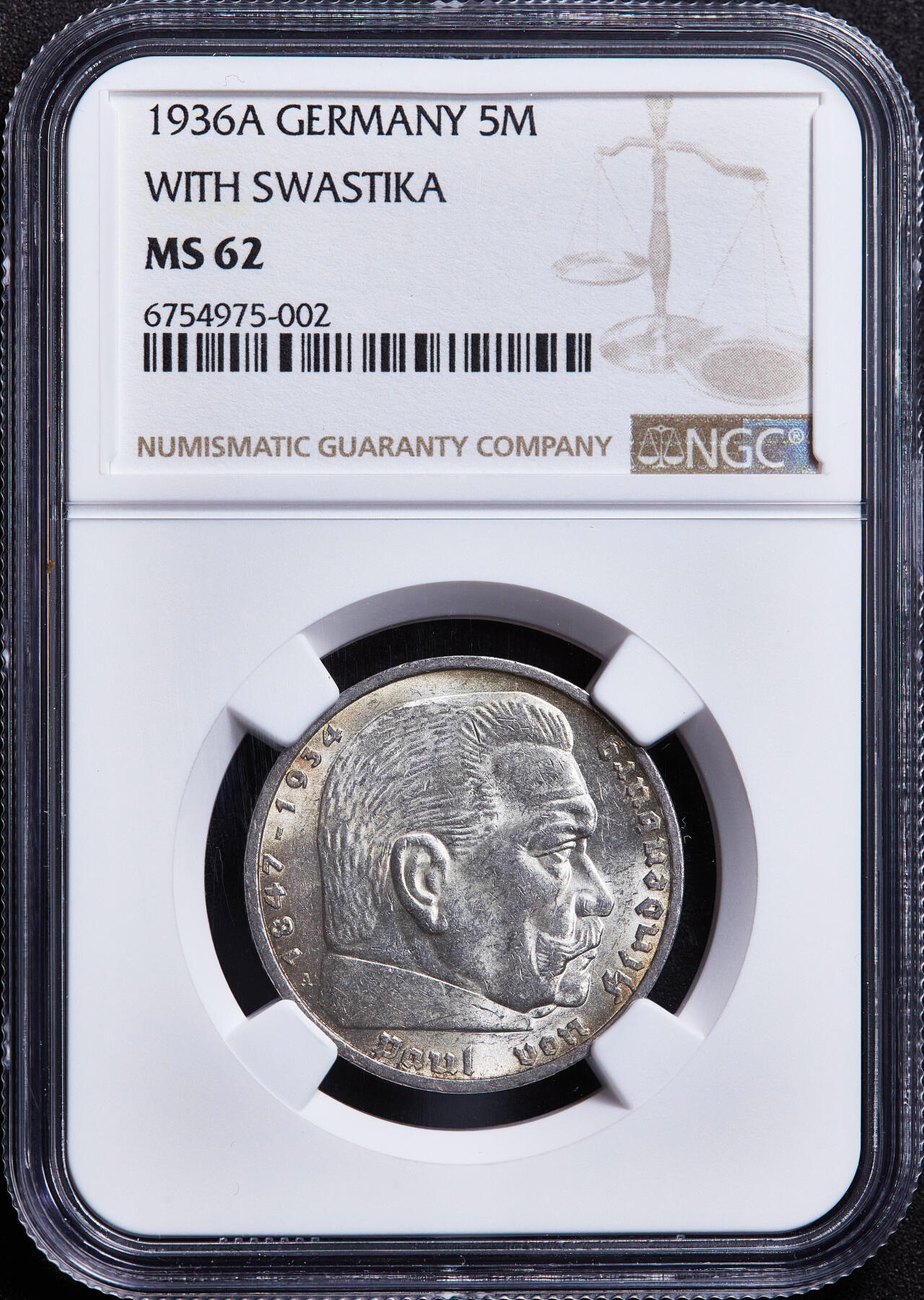 【俄甄集藏】满园春色-2026年(051)04-22星期三 晚 19:30 全场包邮 德国第三帝国1936年A版兴登堡党徽5马克银币，NGC MS62，黄油彩包浆，转光品相，少见年份，原图至官网查询或联系客服