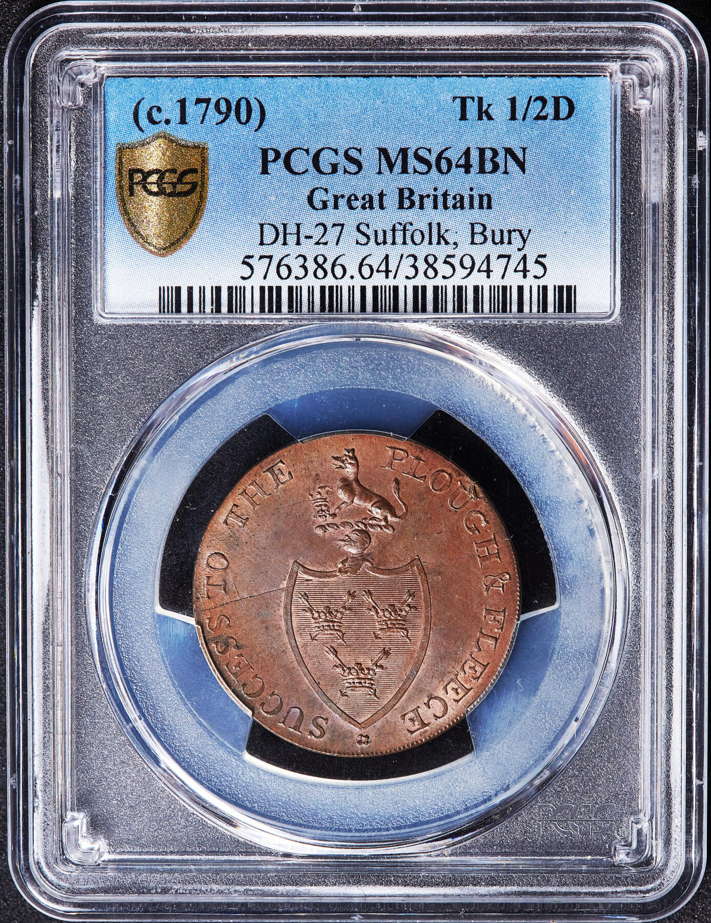 【俄甄集藏】满园春色-2026年(051)04-22星期三 晚 19:30 全场包邮 英国1790年代萨福克郡伯里圣埃德蒙兹铁器商人詹姆斯·格斯1/2便士商业代用铜币，PCGS MS64，原铜光难得，转光品相，亚军