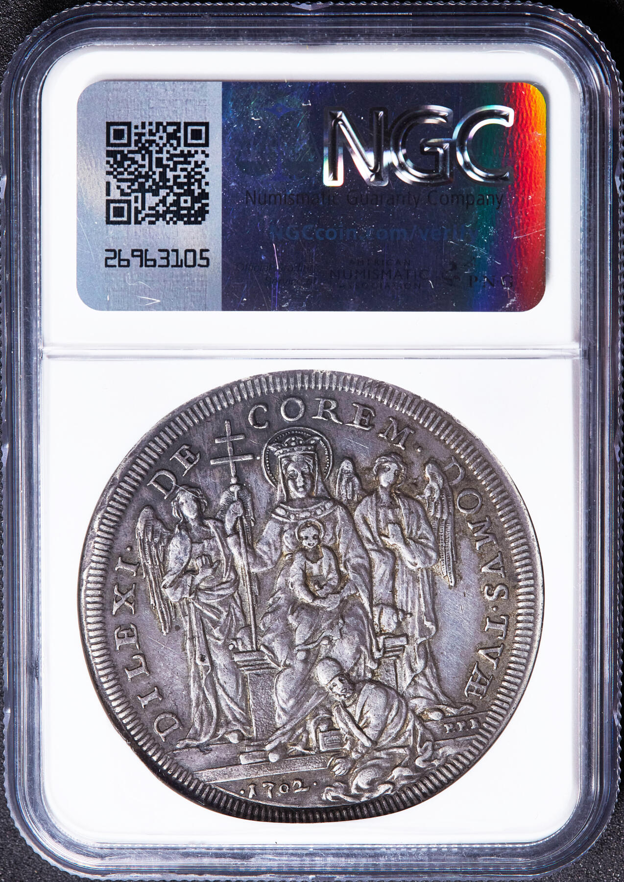 【俄甄集藏】满园春色-2026年(051)04-22星期三 晚 19:30 全场包邮 教皇国1702年克莱门特十一世1皮阿斯特圣母抱子祈福大银币，NGC AUD，原味酱彩包浆，稀少品种