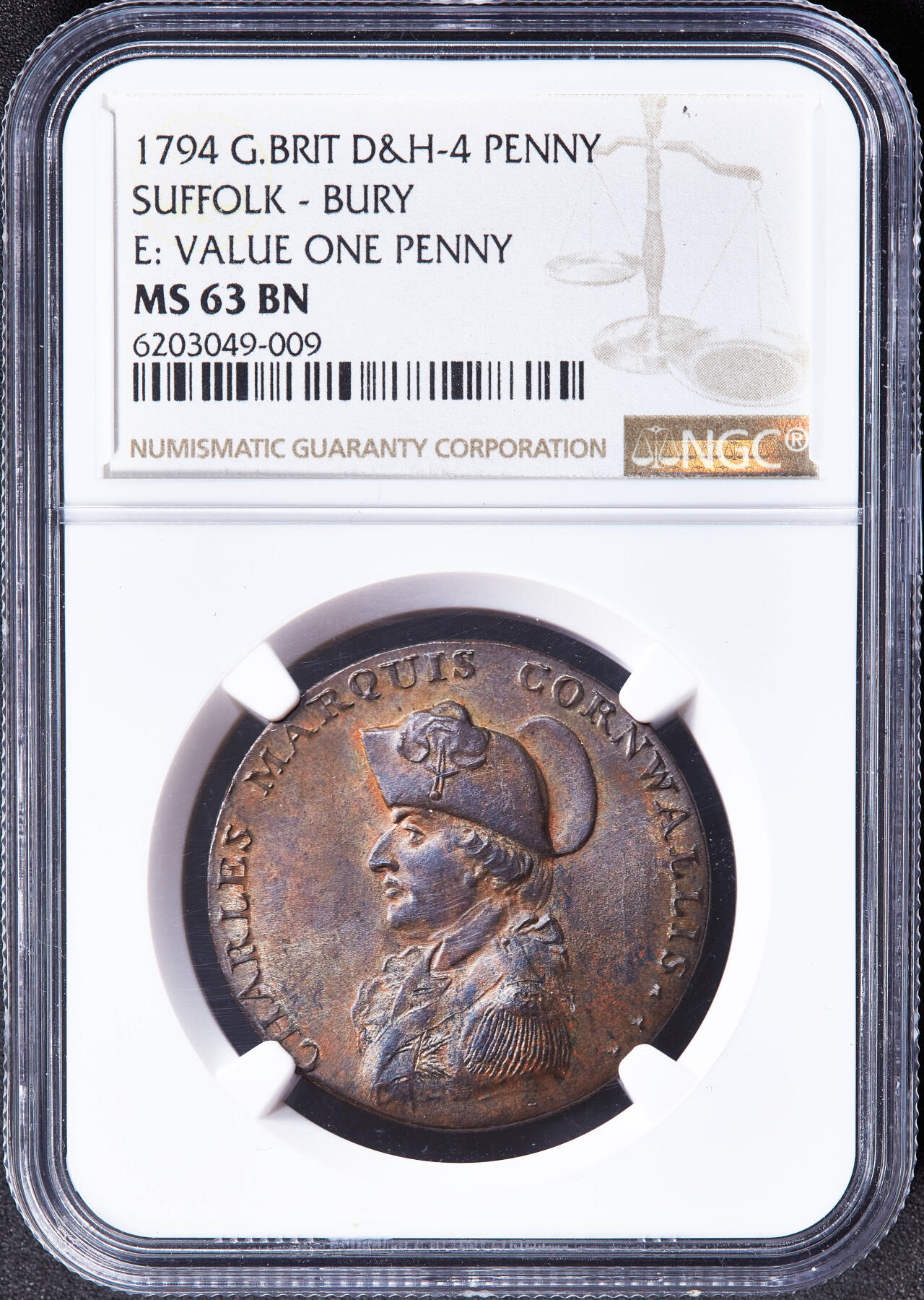 【俄甄集藏】满园春色-2026年(051)04-22星期三 晚 19:30 全场包邮 英国1794年萨福克郡伯里圣埃德蒙兹查尔斯·康沃利斯侯爵头像1便士名誉女神墨菲代用铜币，NGC MS63，巧克力包浆，高浮雕，原光品相，名誉品种