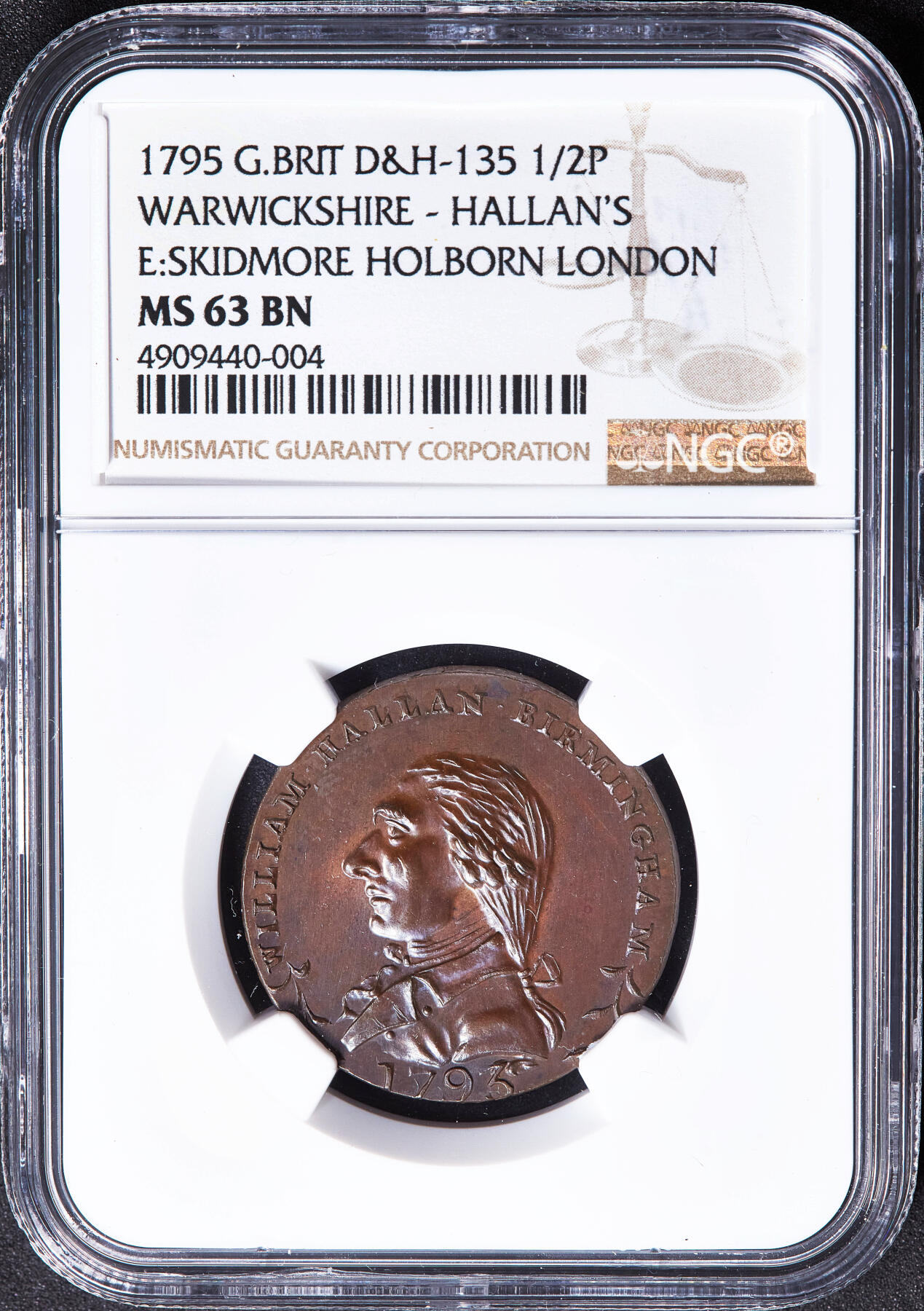 【俄甄集藏】满园春色-2026年(051)04-22星期三 晚 19:30 全场包邮 英国1795年沃里克郡伯明翰瓷器商人威廉·哈伦1/2便士敦科文特花园圣保罗教堂火灾代用铜币，NGC MS63，巧克力包浆，高浮雕，原光品相，季军