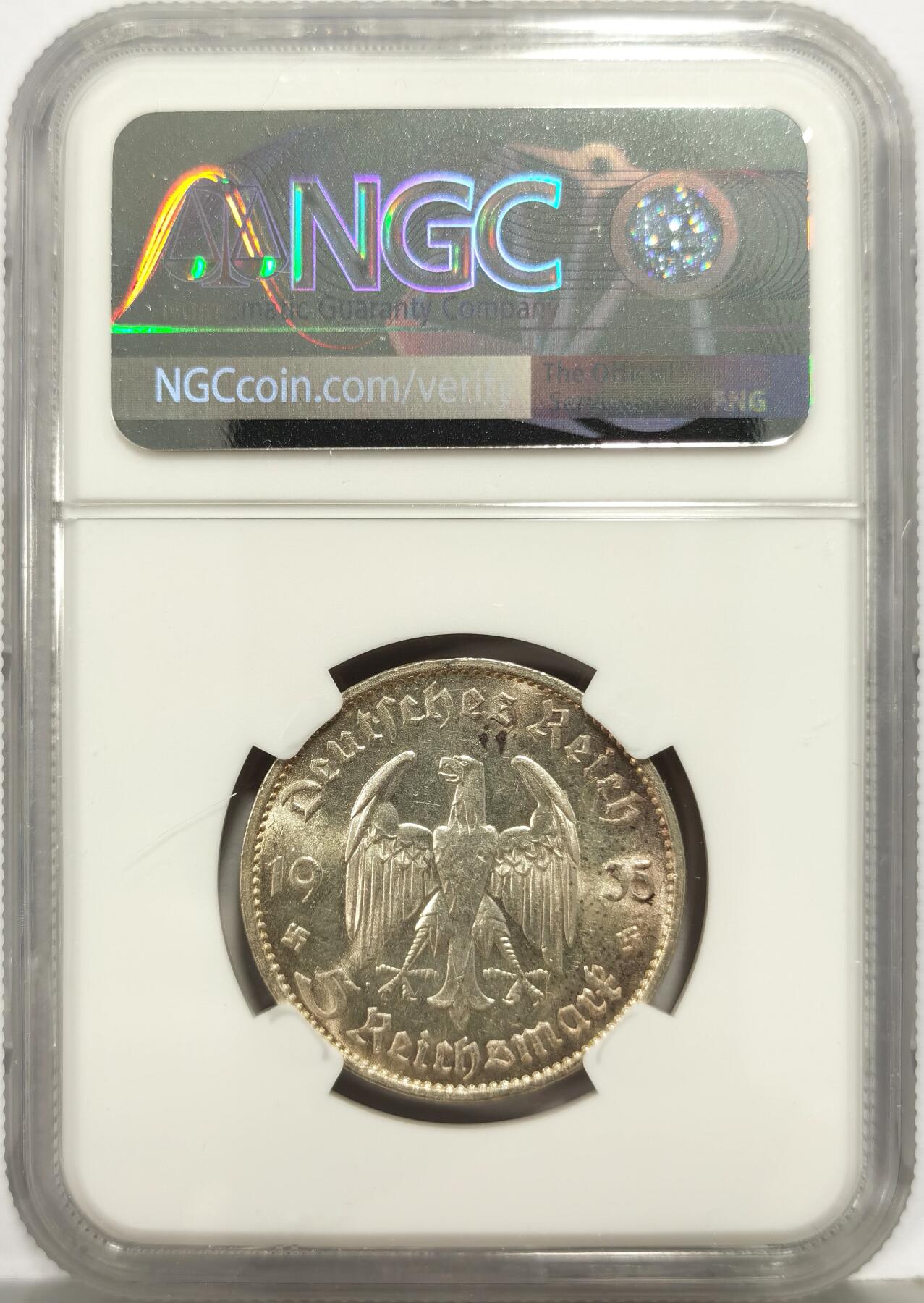 博洋堂世界钱币拍卖第168期（全场包邮） NGC MS62 德国第三帝国1935年G版无字教堂5马克银币