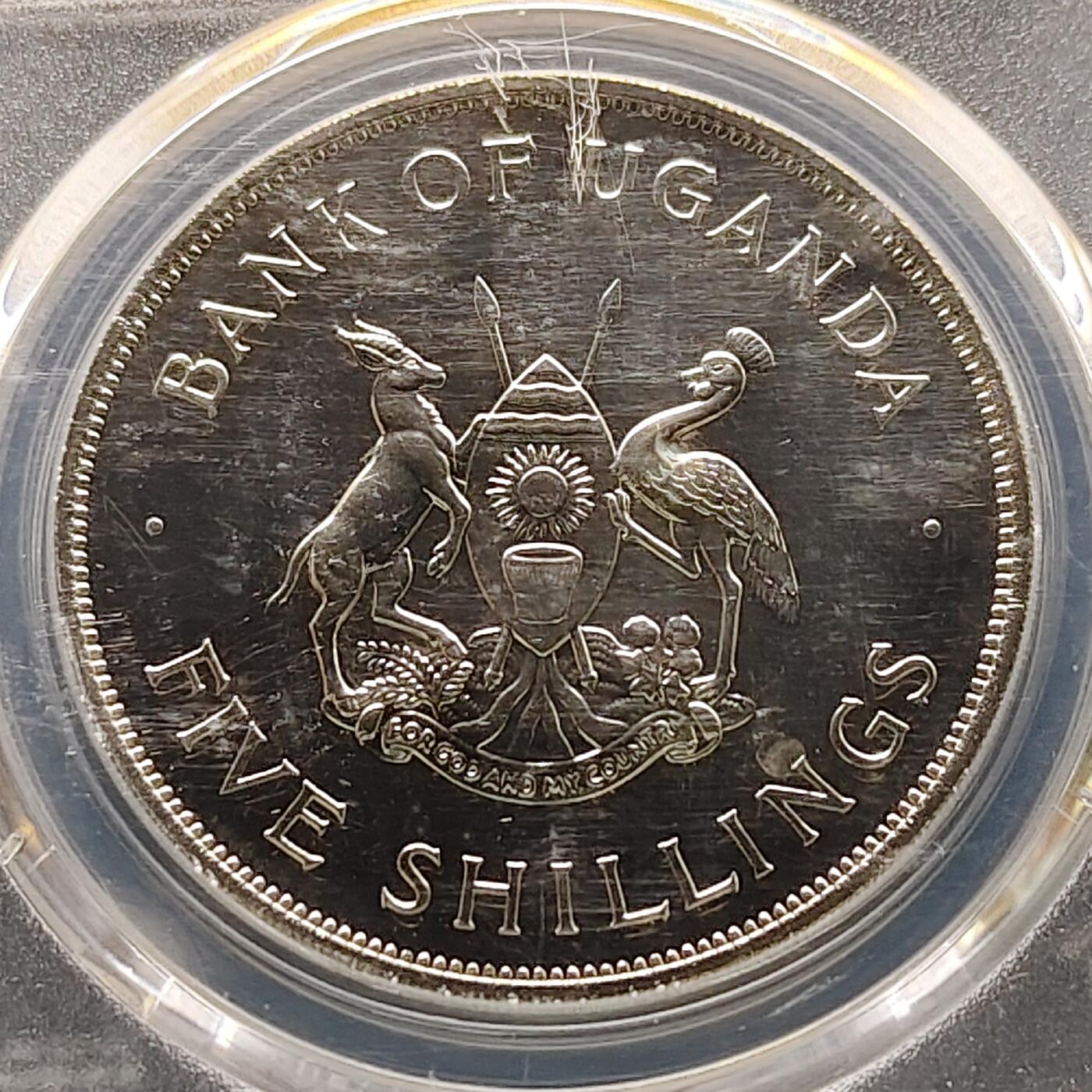 【全场包邮】纯粹捡漏拍521场 【收藏级·亚军分·少见】乌干达1968年5先令FAO生产更多食物克朗型纪念币-量5000-PCGS PR64（更高分仅1枚）