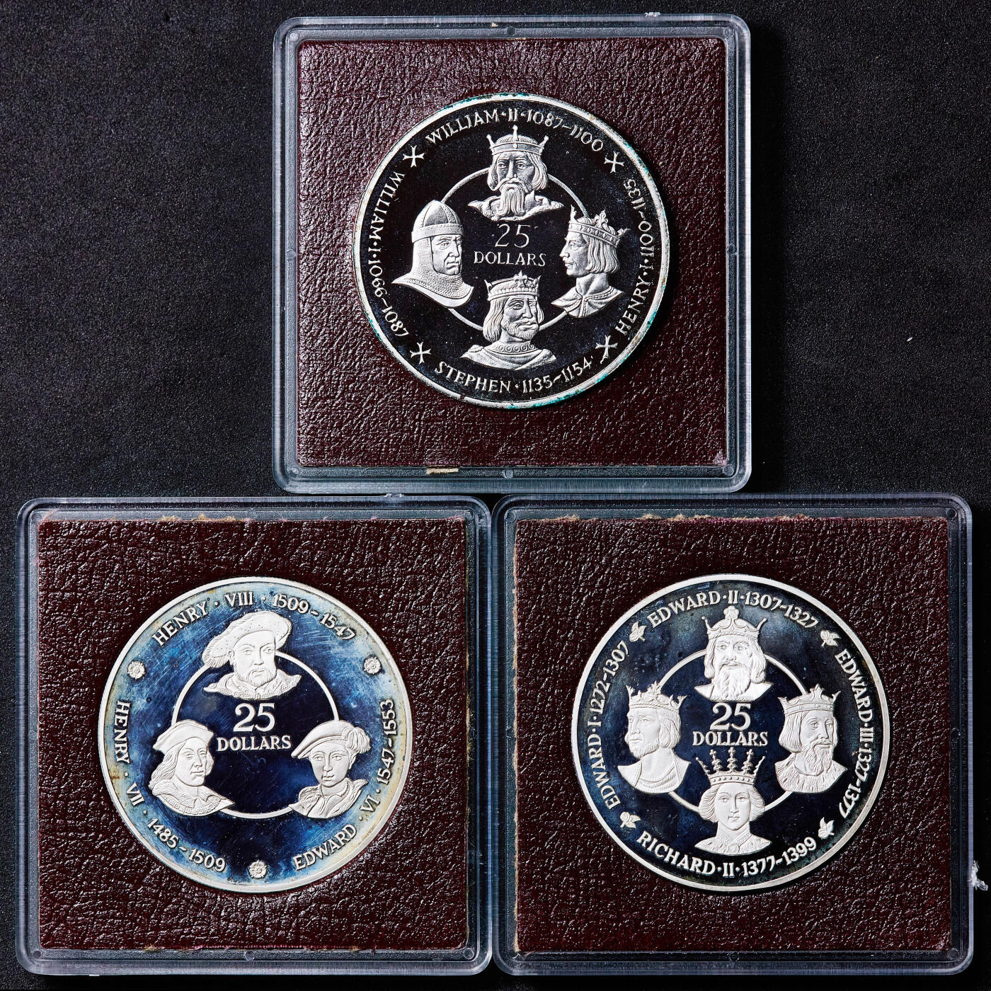 【俄甄集藏】满园春色-2026年(051)04-22星期三 晚 19:30 全场包邮 英属开曼群岛1980年英国历史君主系列精制大银币9枚套，单枚重35.64克，500银，发行量12000枚，含纯银160.38克