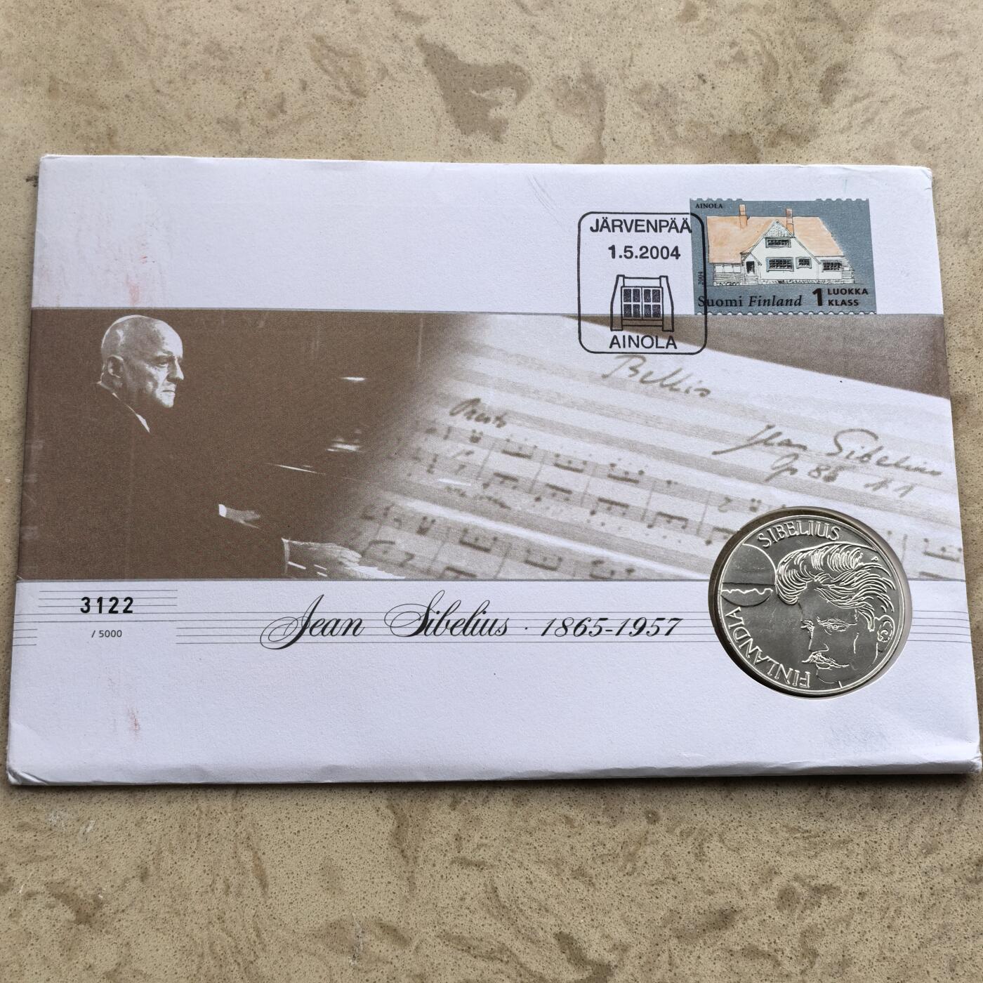道一币馆币章第一百七十四场 邮币封 芬兰1999年音乐家西贝柳斯诞辰125周年100马克精制银币 22g 925s