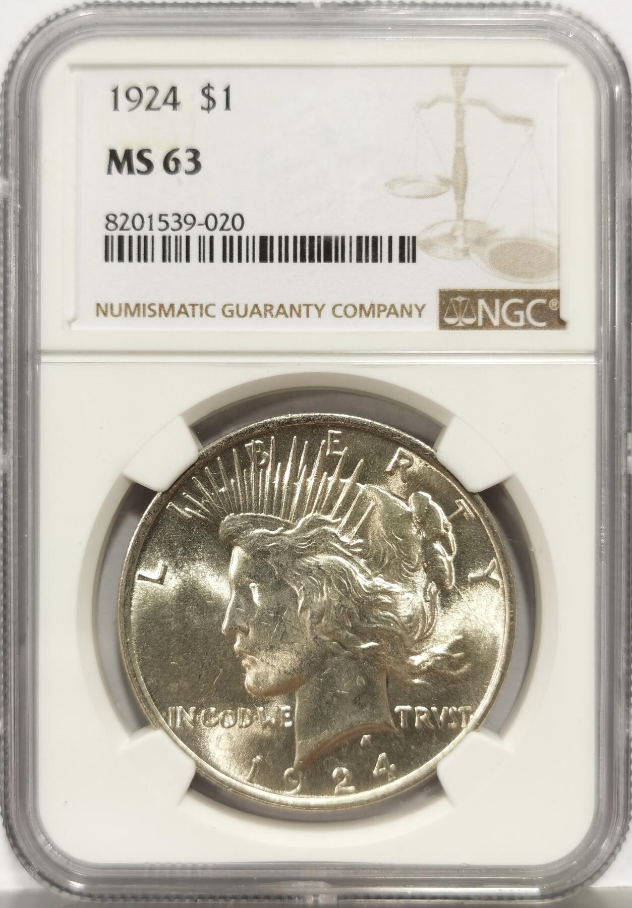 博洋堂世界钱币拍卖第168期（全场包邮） NGC MS63 美国1924年和平银元P版，原汁原味老包浆，币面清爽干净又舒适，转光强烈细节优秀，状态极佳。市场上较少见的年份。