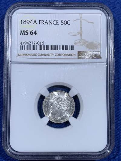 《竞宝斋》第479场 周日，周一 2场连拍 （全场包邮）20级店铺 欢迎送拍 - NGC MS64 法国1894年谷物女神50分银币
