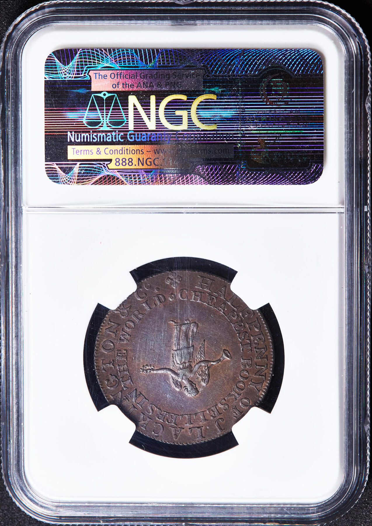 【俄甄集藏】满园春色-2026年(051)04-22星期三 晚 19:30 全场包邮 英国1794年米德尔塞克思郡传奇书商詹姆斯·拉金盾头像1/2便士名誉女神墨菲商业代用铜币，NGC MS63，巧克力包浆，原光品相，稀少品种