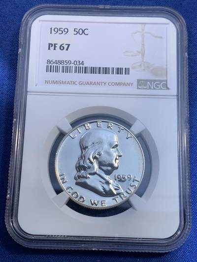 《竞宝斋》第479场 周日，周一 2场连拍 （全场包邮）20级店铺 欢迎送拍 - NGC PF67 美国1959年富兰克林50美分银币，少见高分。