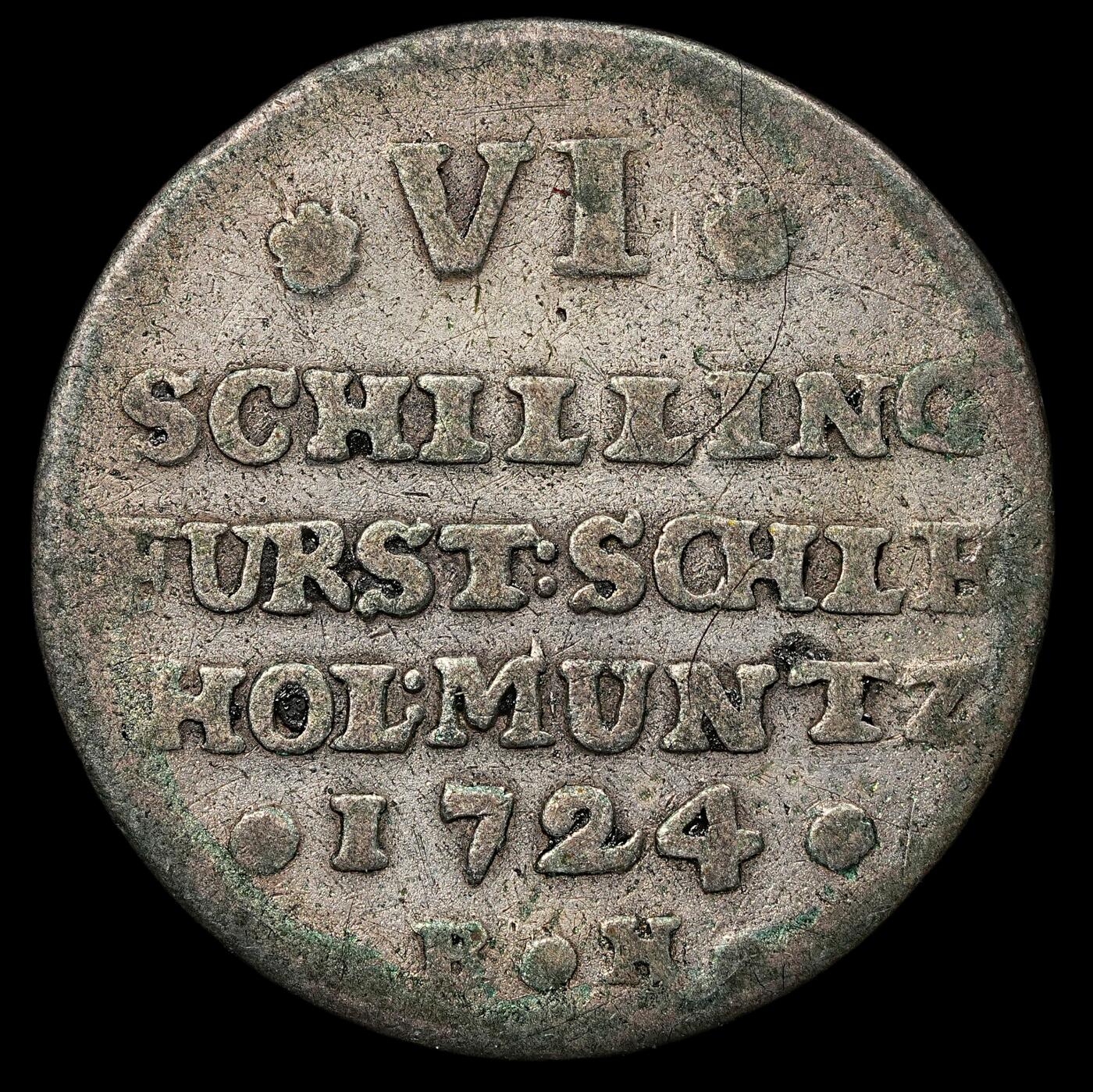 修遠堂世界钱币第111期 1724 年石勒苏益格 - 荷尔斯泰因 - 戈托普公国 6 斯基令银币，3.49g