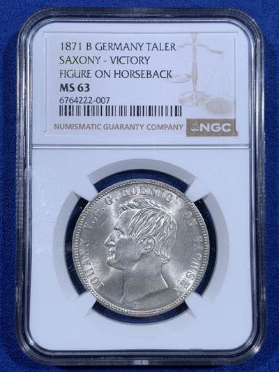《竞宝斋》第479场 周日，周一 2场连拍 （全场包邮）20级店铺 欢迎送拍 - NGC MS63 德意志萨克森1871普法战争胜利泰勒，经典骑马女武神，胜利泰勒里难度较高的一枚，寒霜银光炸裂，转光流畅，高分难得
