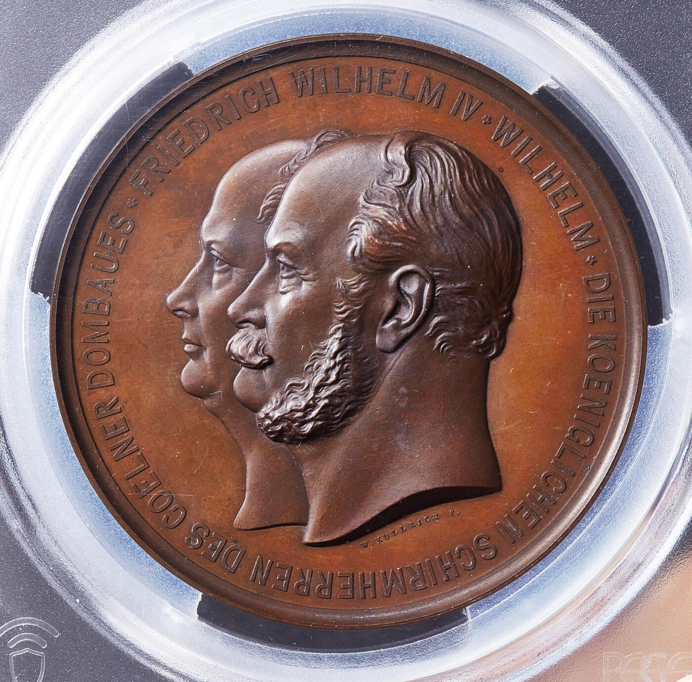 【俄甄集藏】满园春色-2026年(051)04-22星期三 晚 19:30 全场包邮 德国普鲁士1867年腓特烈·威廉四世、威廉一世头像纪念科隆大教堂续建25周年大铜章，PCGS SP65，巧克力包浆，高浮雕，设计精美，著名雕刻师弗里德里希·威廉·库利希作品，直径：70mm，唯一冠军