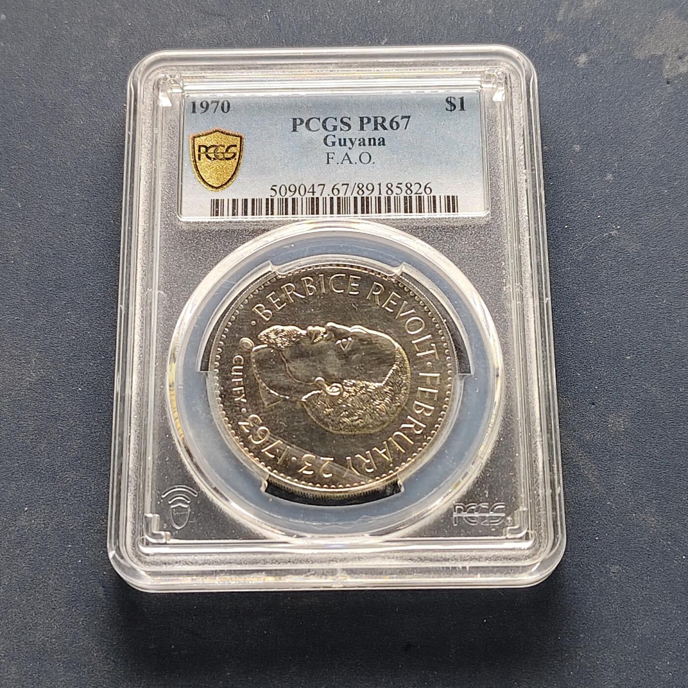 【全场包邮】纯粹捡漏拍521场 【收藏级·亚军分·少见】圭亚那1970年1元FAO精制纪念币-量5000-PCGS PR67（更高分3枚）