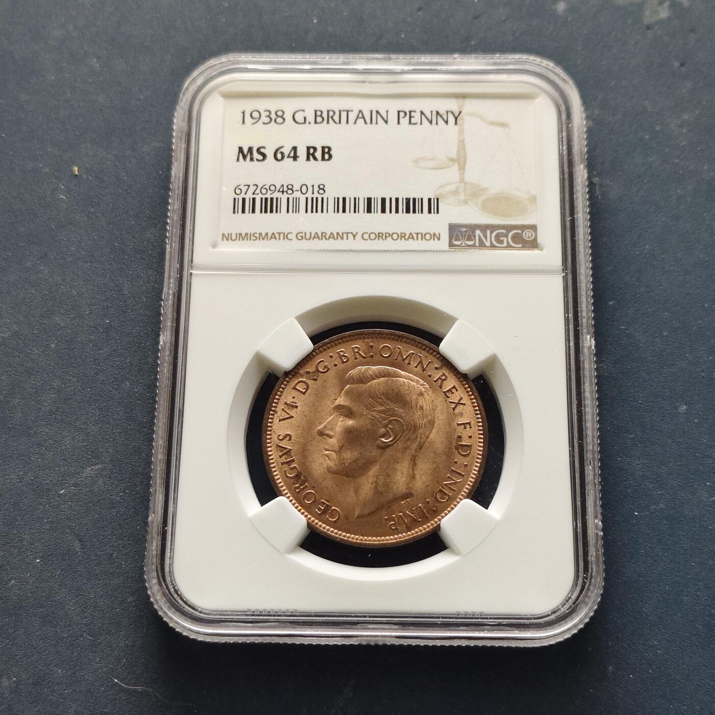 【全场包邮】纯粹捡漏拍521场 英国1938年乔治六世1便士铜币-NGC MS64 RB