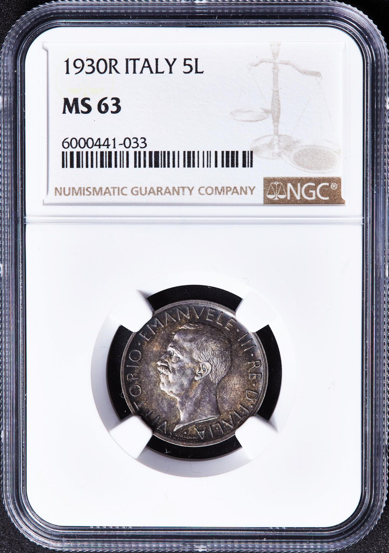 【俄甄集藏】满园春色-2026年(051)04-22星期三 晚 19:30 全场包邮 意大利王国1930年伊曼纽尔三世R版5里拉老鹰银币，NGC MS63，黄油酱彩原光品相，经典品种