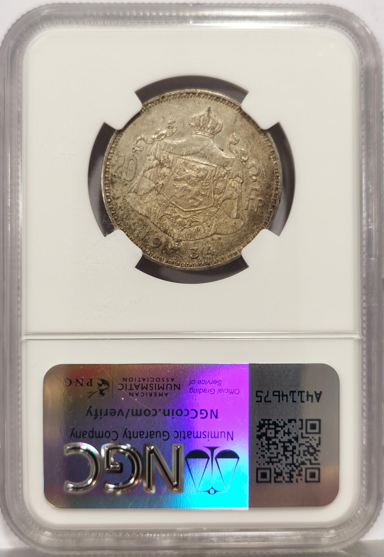博洋堂世界钱币拍卖第168期（全场包邮） NGC UNC 比利时1934年阿尔贝托20法郎银币