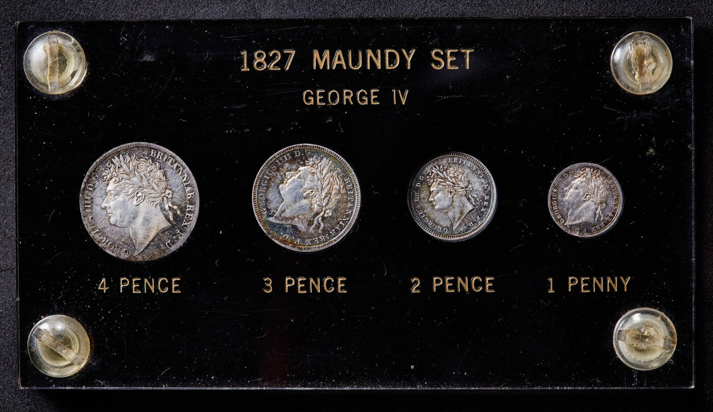 【俄甄集藏】满园春色-2026年(051)04-22星期三 晚 19:30 全场包邮 英国1827年乔治四世濯足节1、2、3、4便士银币4枚一套，类精制底板，五彩包浆，状态难得