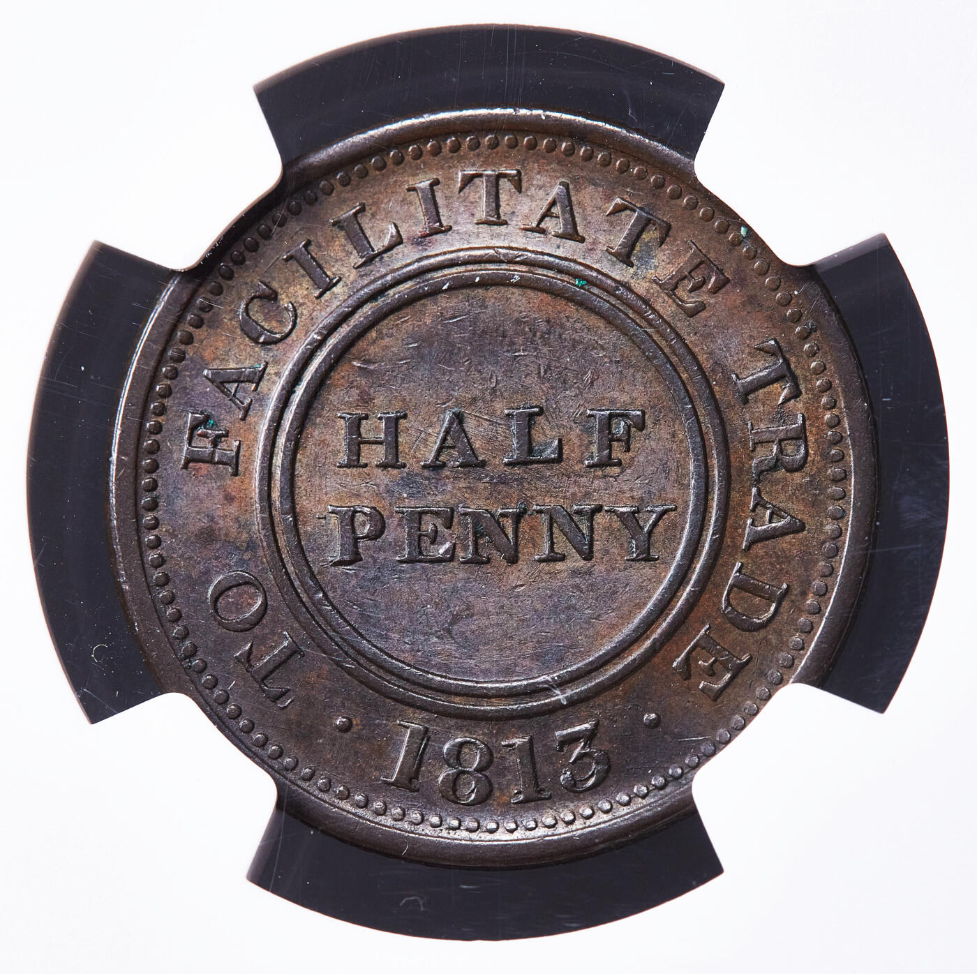 【俄甄集藏】满园春色-2026年(051)04-22星期三 晚 19:30 全场包邮 英国1813年伍斯特郡实业家小约翰·克纳普1/2便士城市纹章与商业宣言商业代用铜币，NGC MS62，巧克力包浆，原光品相，稀少品种，亚军